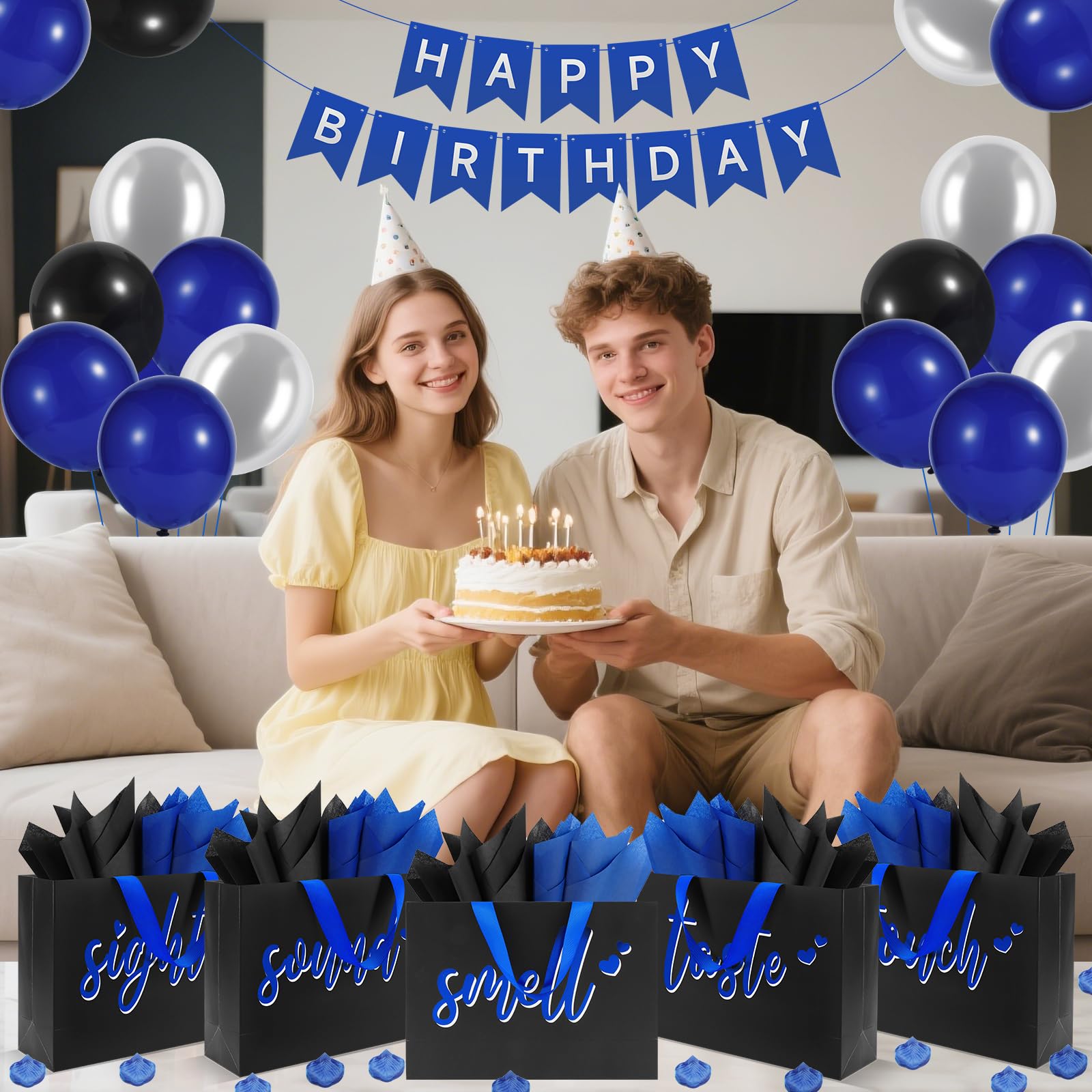 Epoesch 5 Senses Gift Bags for Him with Labels & Tissue Paper | Happy Birthday Decorations Kit with Banner, Balloons, Rose Petals, Envelope, Card for Men, Boyfriend, Husband(Black - Blue lettering)