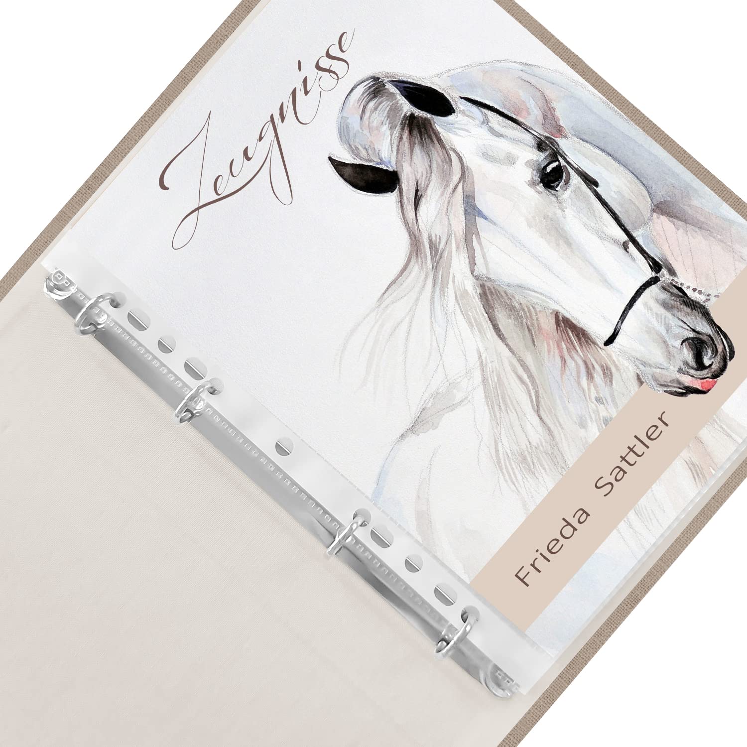 Zeugnismappe personalisiert White Horse A4 ca. 31x24 cm beige Zeugnisbuch Pferd Urkundenmappe Einschulung Schulanfang