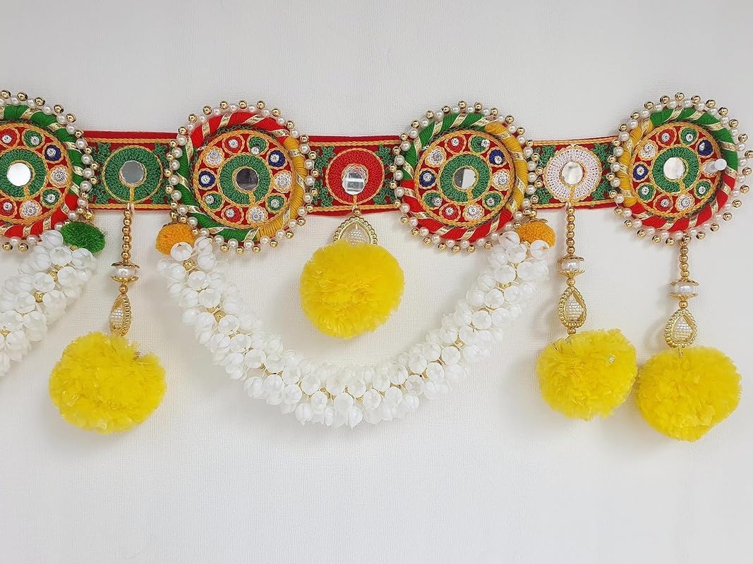 Divyakosh Fabric Toran/Bandanwar for Home Decoration & Office,Round Embroidery Work & Pom Pom Mogra Flower Toran Traditional Decoration Hanging/Bandarwal/Toran for Door,Diwali,37 Inch,,Multicolor