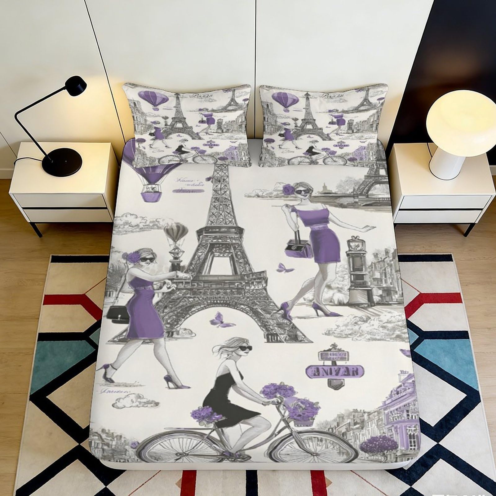 3D Printed Paris Eiffel Tower Fitted Sheet Microfiber Decorative Purple Retro Mattress Cover Bedroom Dorm Decor 90x200x25cm
