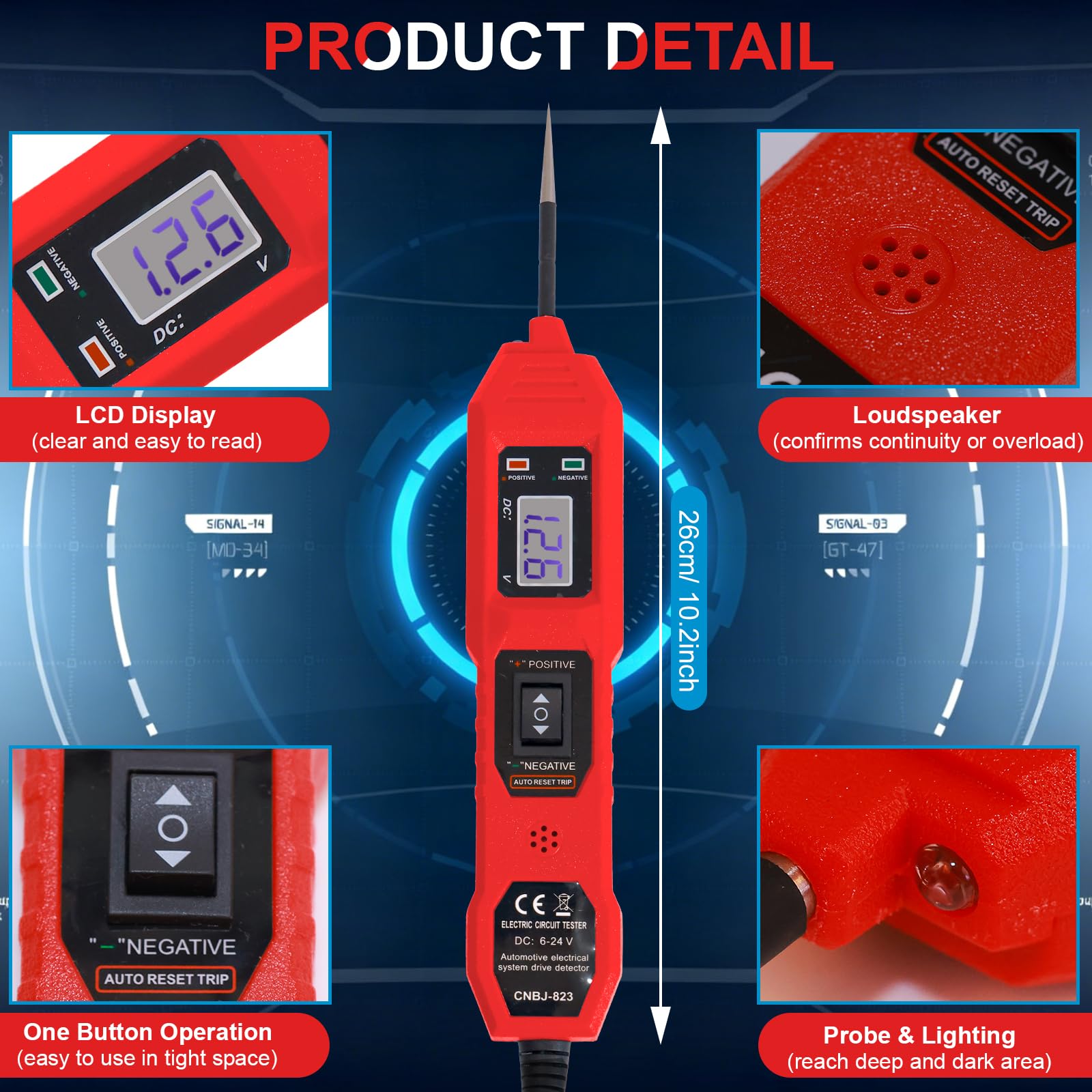 Probador de sonda de circuito de alimentación, fusible eléctrico y voltaje para automóvil de 6 V-24 V CC con luz de prueba LED, lectura LCD HD, protección contra sobrecarga, buscador de