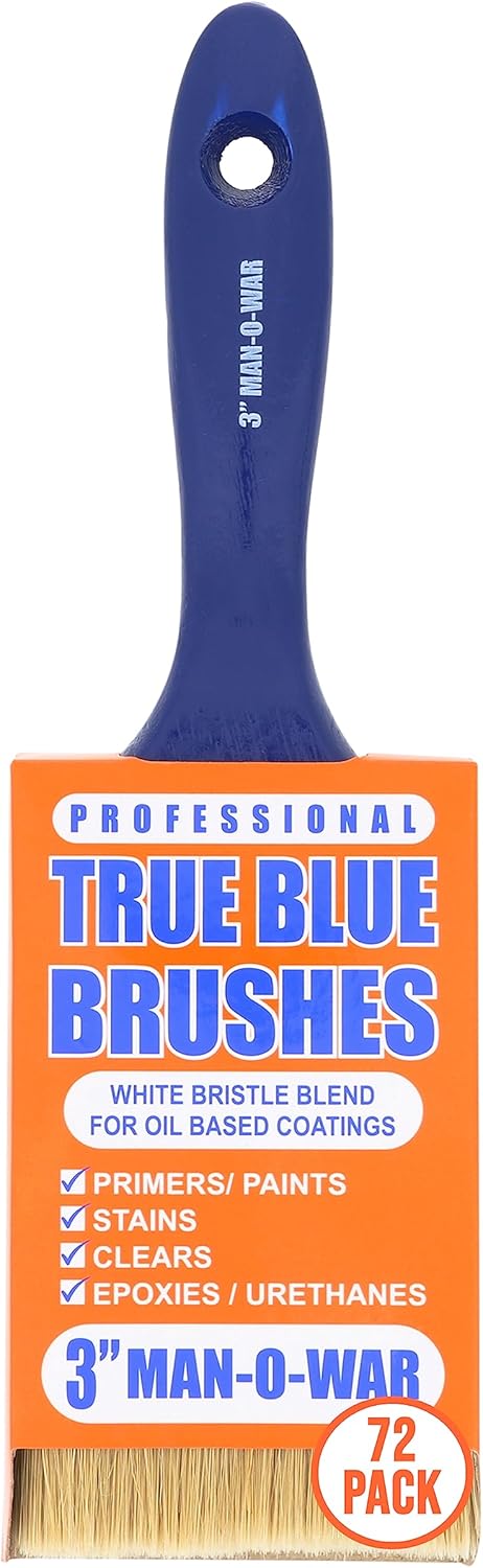 True Blue Brushes - 3" Man-O-War | 3 inch Brush for Oil Based Finishes | White Bristle | Professional (72)