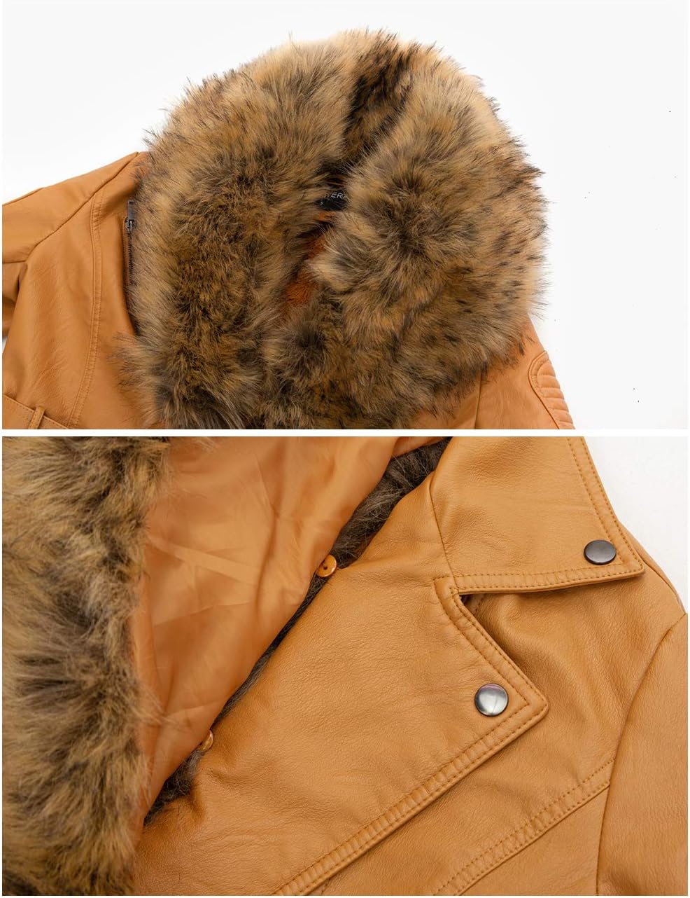 Bellivera Women's Trench Coat Faux Leather Jackets Long Plus size Outwear with Detachable Fur Collar 912 Yellow S - Image 4