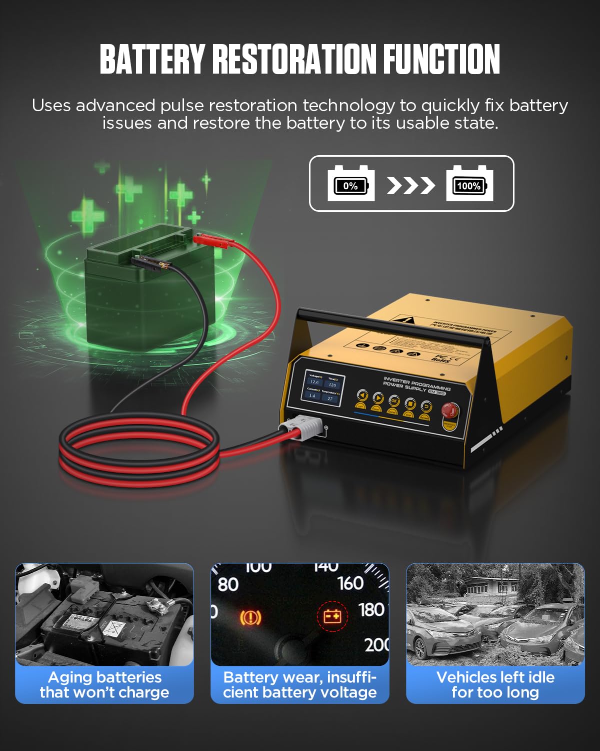 Vollautomatisches Batterieladegerät, Wechselrichter-Programmiernetzteil, Ladegerät und Starter, 3-in-1, Blitz-Neuprogrammierung, Schnellladung, Fahrzeug-Starthilfe, Batterie-Reparatur
