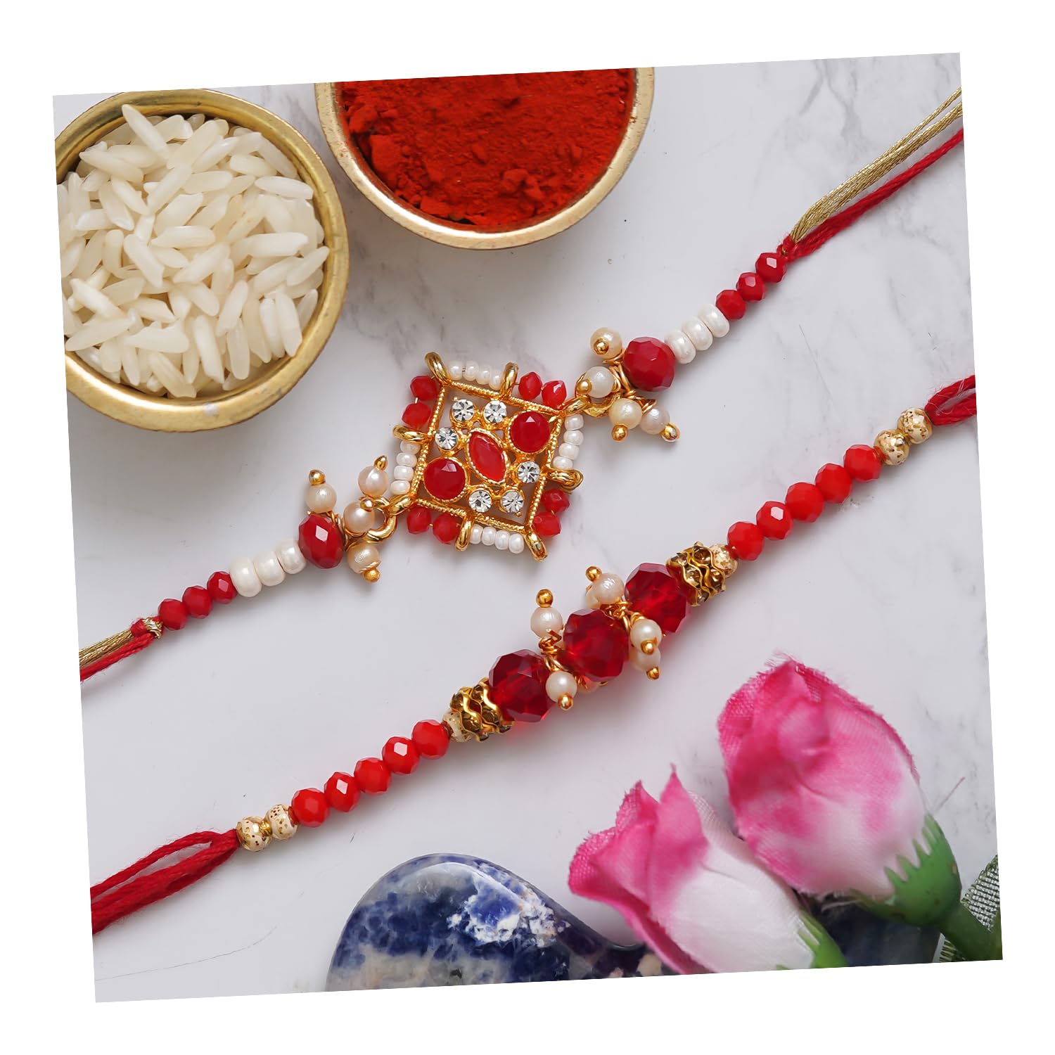 eCraftIndia Golden, Red & White Set of 2 Precious Stone Designer Rakhis with Roli Chawal Pack - Rakhis for Brothers (B0C6PZ6FWW) Amazon Price History, Amazon Price Tracker