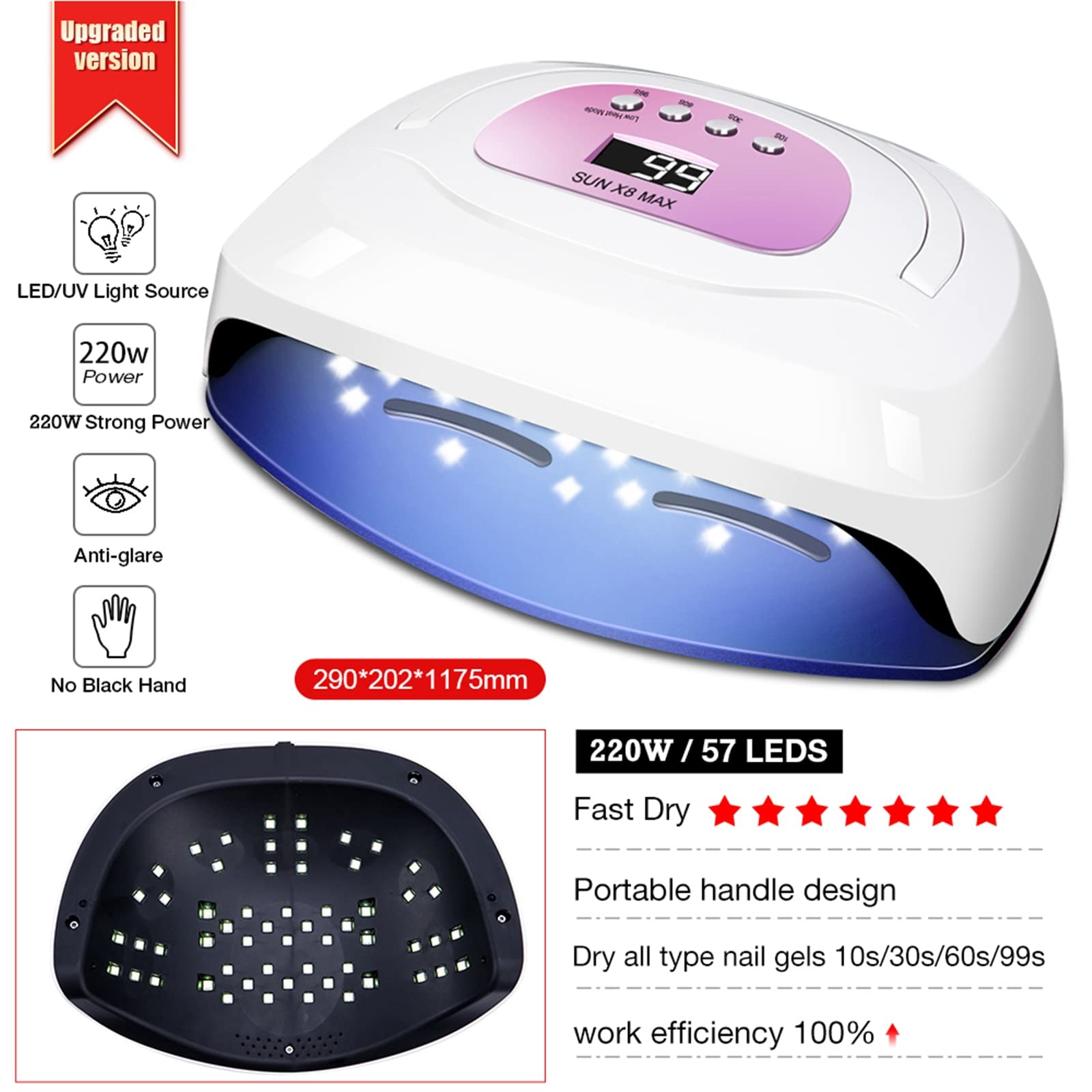 ZYC Asciugacatura a Secco rapido Potente 150 W 57 Lampada UV Lampada UV Aggiornamento Lampada per Unghie Grande Lampada per Unghie Lampada Professionale per secchezzature