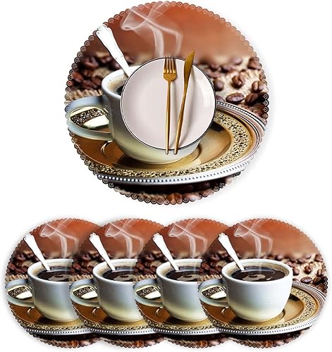 Juego de 4 manteles individuales redondos de poliéster lavables, resistentes al calor, para decoración de mesa de cocina, comedor, color café