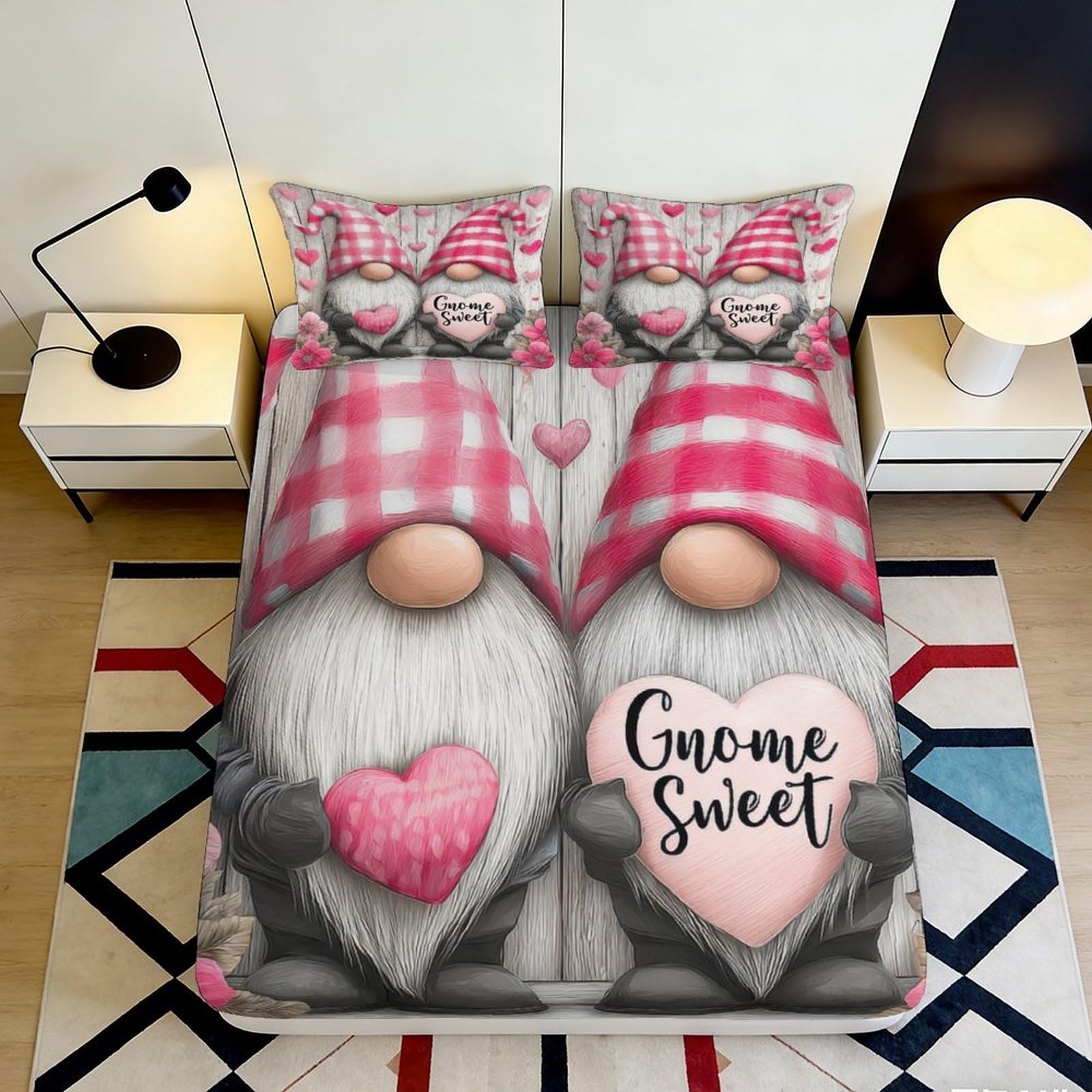 3D Printed Gnome Heart Fitted Sheet Microfiber Bedroom Decor Sweet Cartoon Mattress Cover Pink for Home Guestroom 180x200x25cm