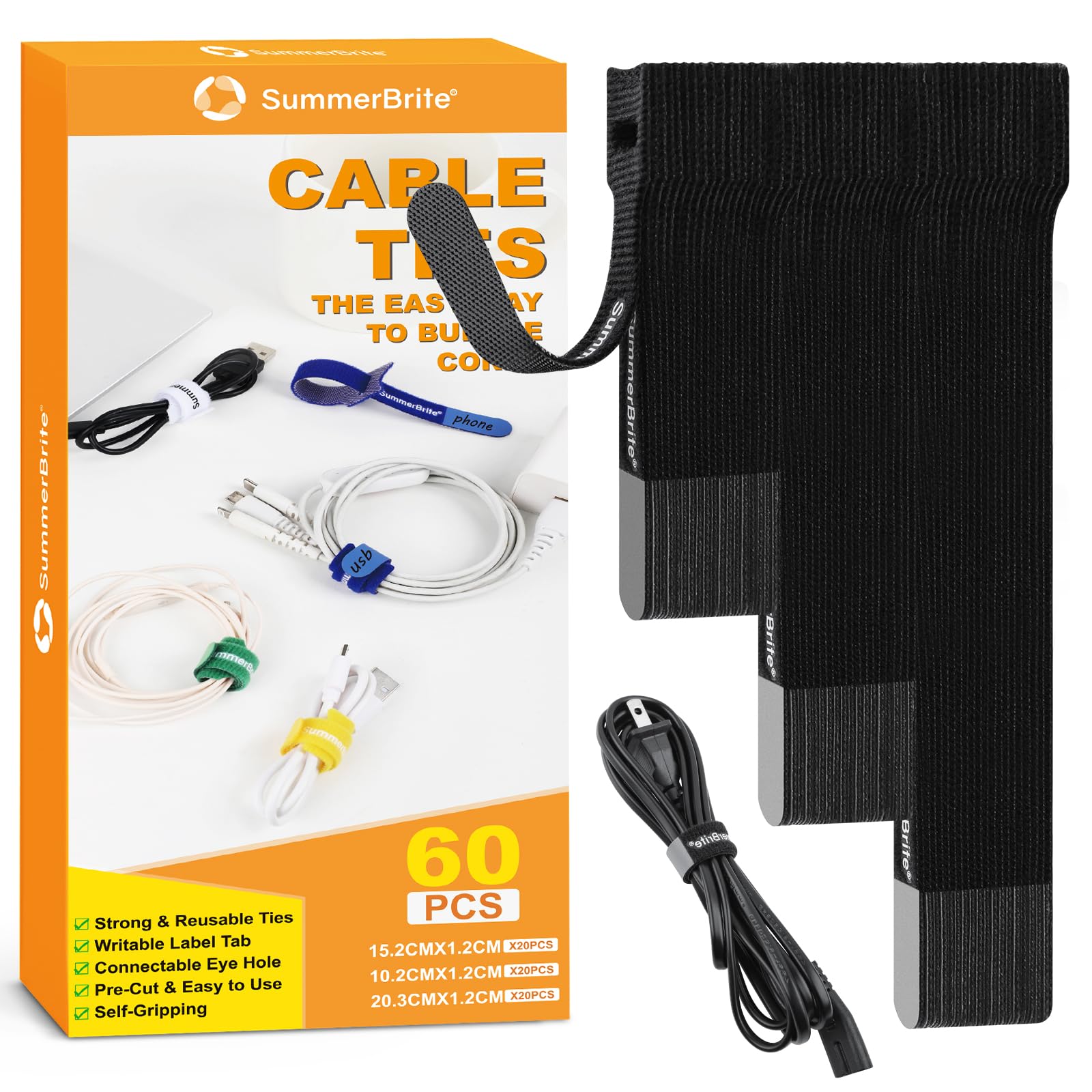 Summerbrite 60PCS Reusable Cable Ties Black Cable Straps Releasable Extension Hook and Loop Cable Tidy Straps Cord Management for Home&Office Accessories PC Wire(3 Mixed Sizes)