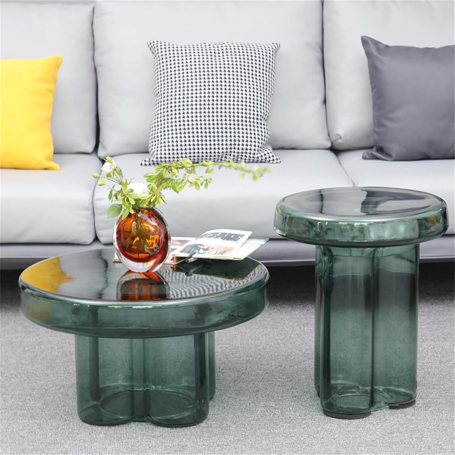Glass Coffee Table Set- Unique Petal Design Exquisite Hand Blown Glass Modern Glass Side Table - Small Luxury Accent Table for Living Room Customizable Colors (Smoke Green, Set)