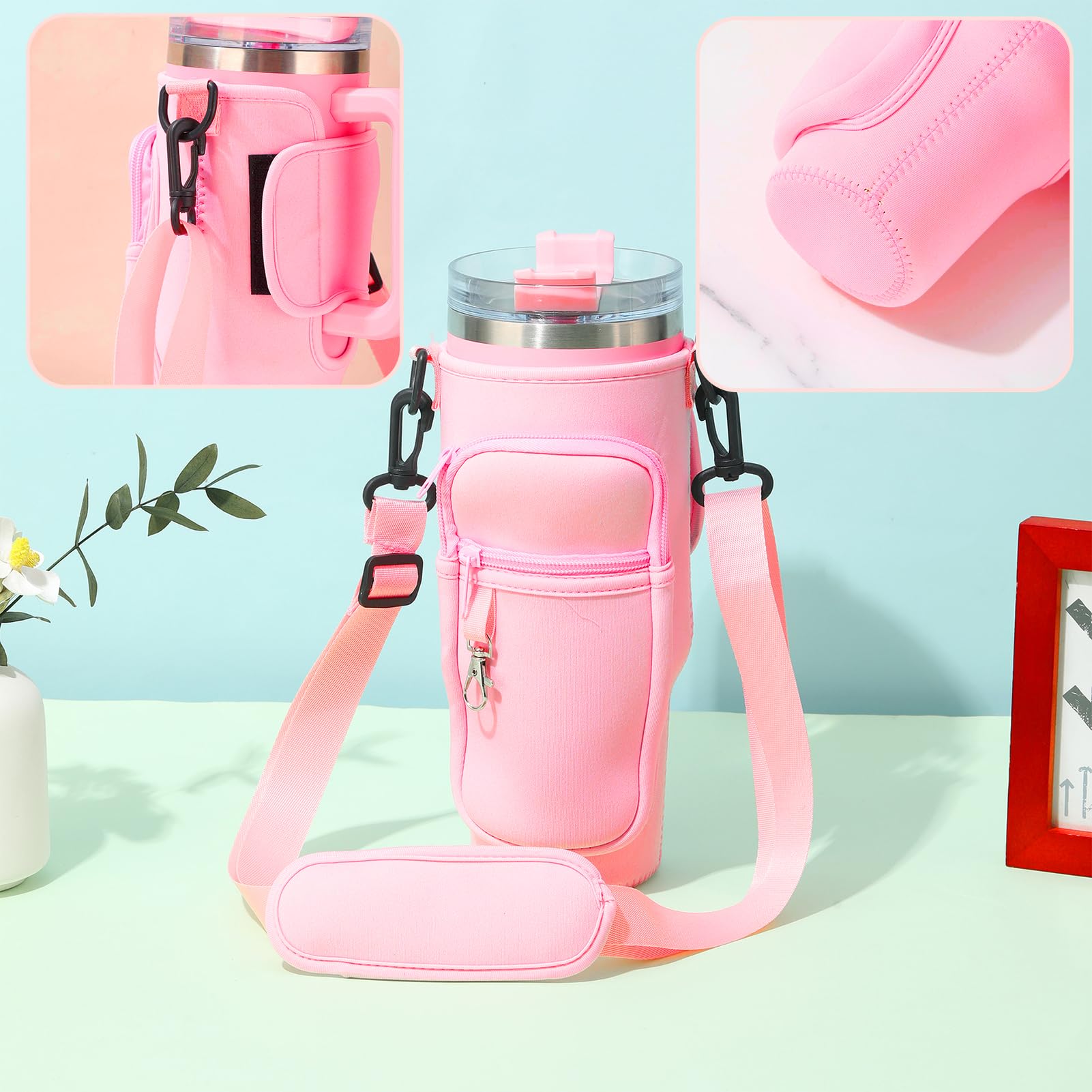 Huahuanghui Borsa porta bottiglie d'acqua per bicchiere,borse a tracolla con porta bottiglia d'acqua,porta borraccia tracolla,con cinghia regolabile con copertura per cannuccia e moschettone (rosa)