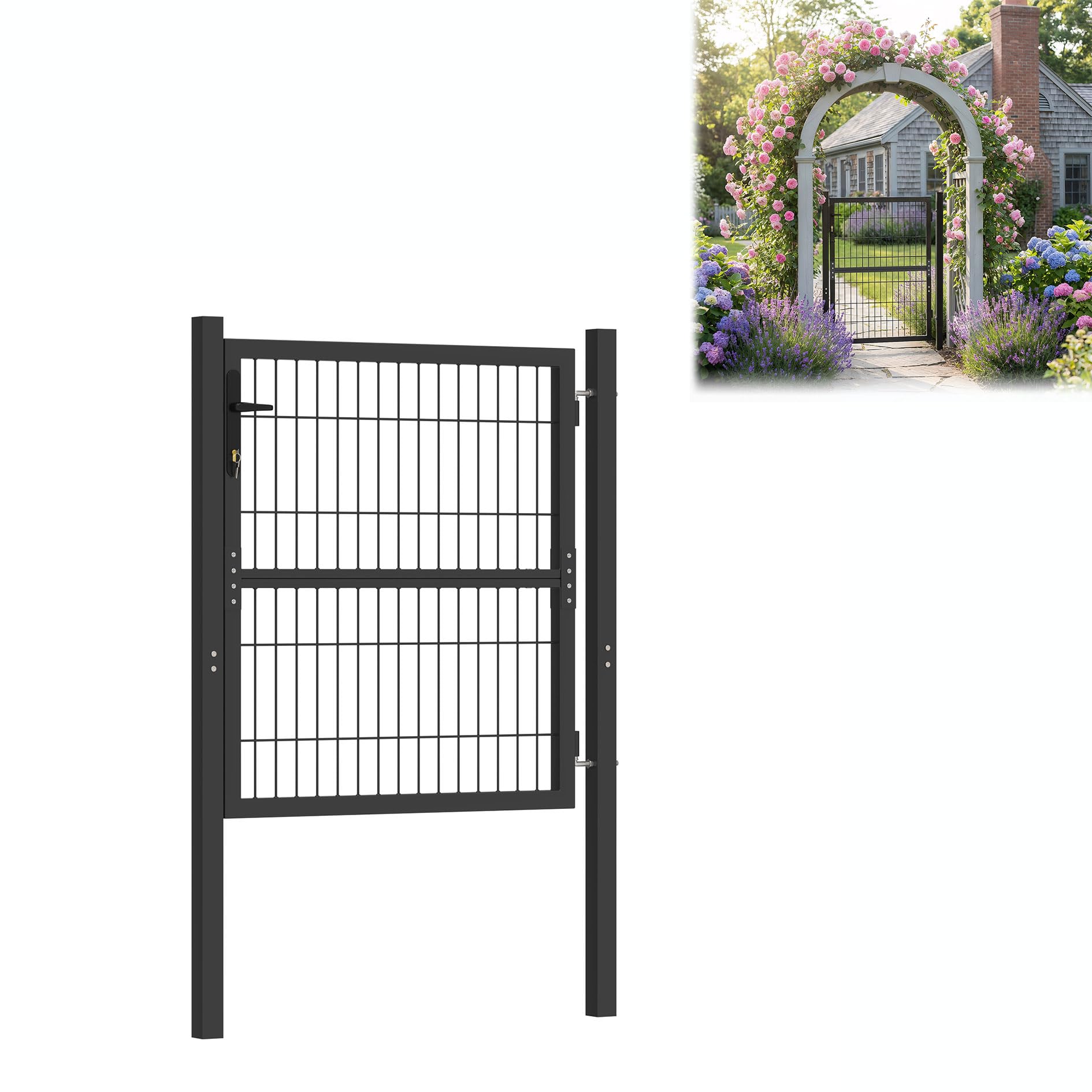 Portail de jardin en acier galvanisé anthracite 100x100 cm avec serrure et poteaux
