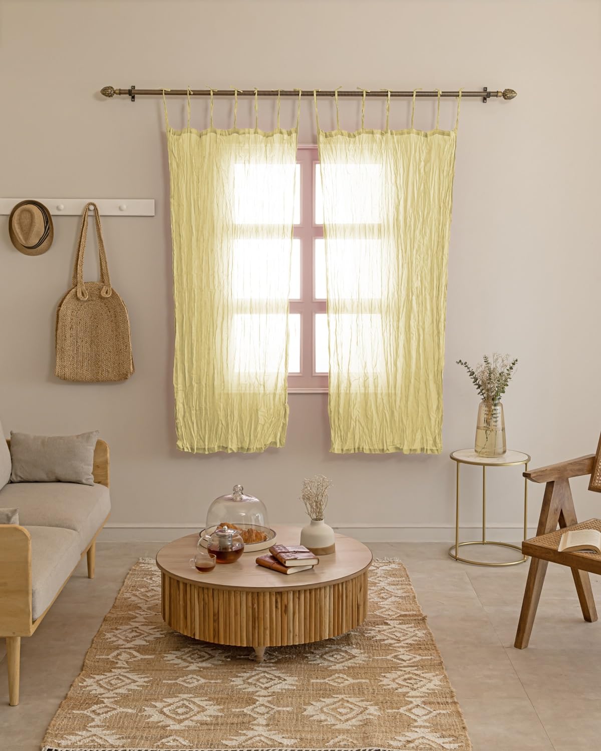 TARAN LIVING Sheer Crinkle Curtain Panel Set of 2, 100% Natural Washable Cotton Window Treatment Rod Pocket Curtain Panels for Kitchen, Bedroom and