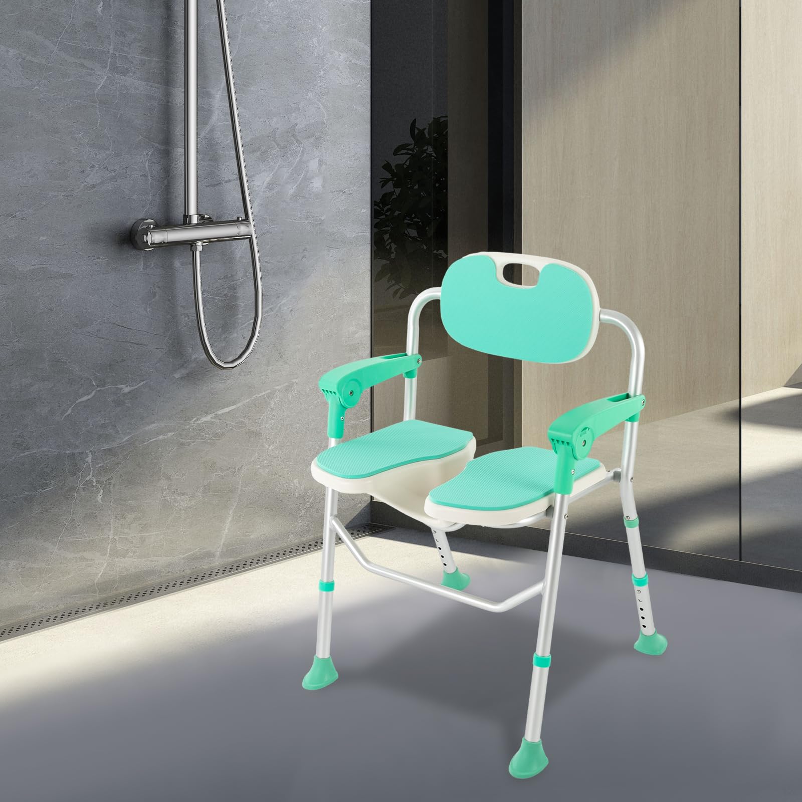 Silla de Ducha, Silla De Ducha Ajustable En Altura Con Respaldo Apoyabrazos Hasta 330,7 Libras Con Corte Higiénico Silla De Baño Para Personas Mayores, Discapacitados, Embarazadas