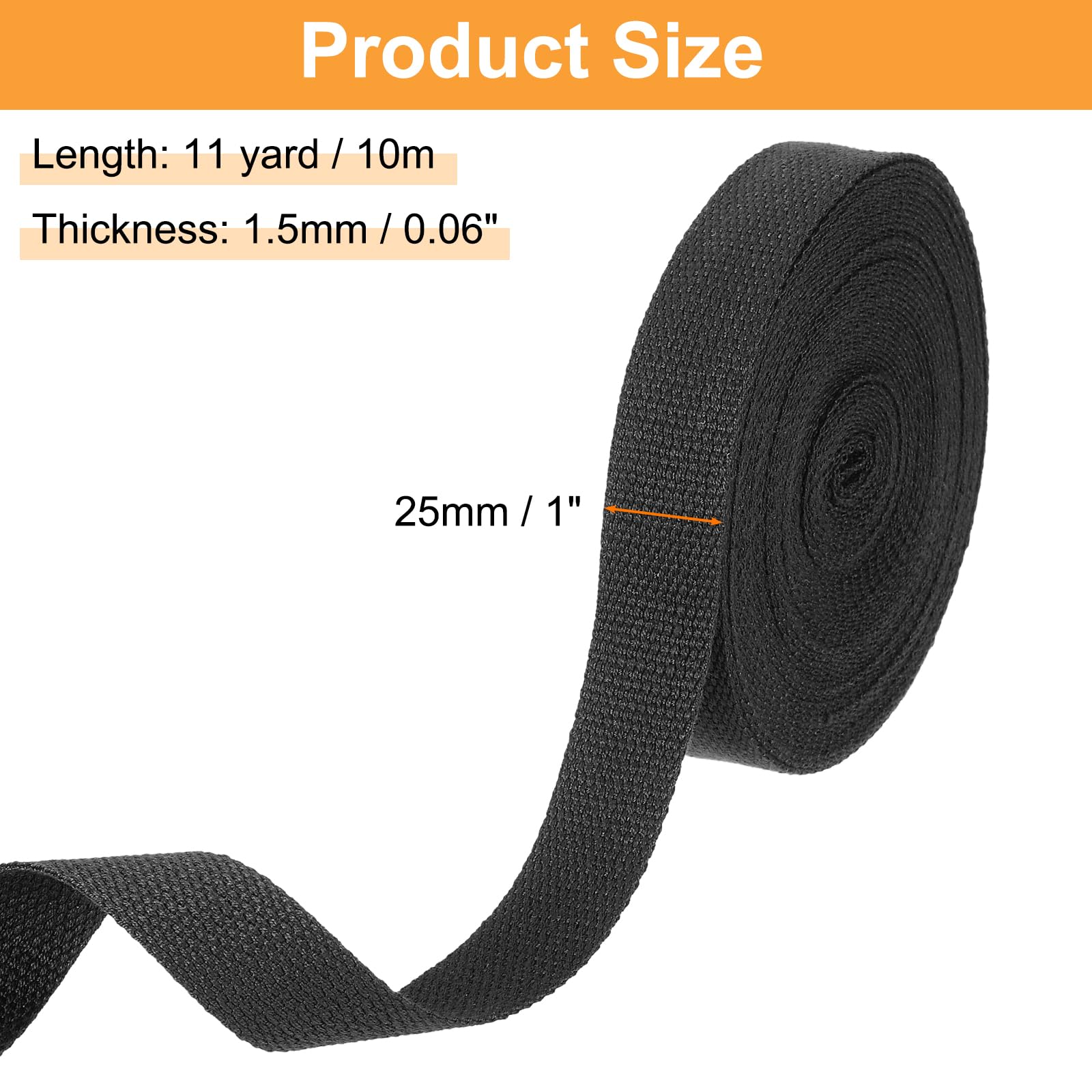 sourcing map Cotton Webbing 1 Inch 11 Yard Polyester Cotton Weave Webbing Strap Twill Tape Ribbon for Arts and Crafts Webbing Tote Bag Handles Cloth Belt Making Outdoor Supplies, Black - Image 2