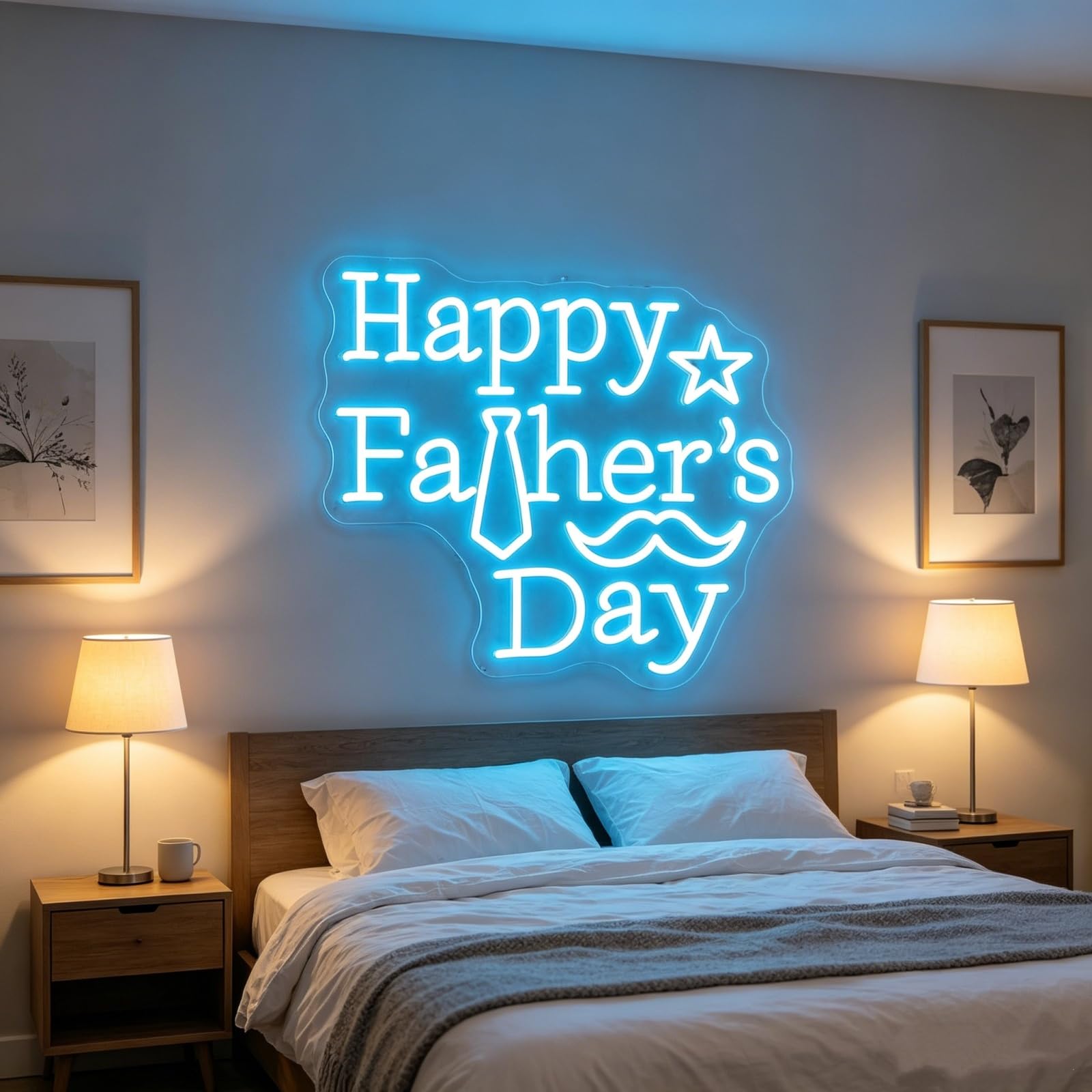 Insegna al neon con scritta "Happy Father's Day", luce al neon a LED blu ghiaccio con cravatta e baffi, alimentata tramite USB, decorazione da parete per festa del papà, camera da letto