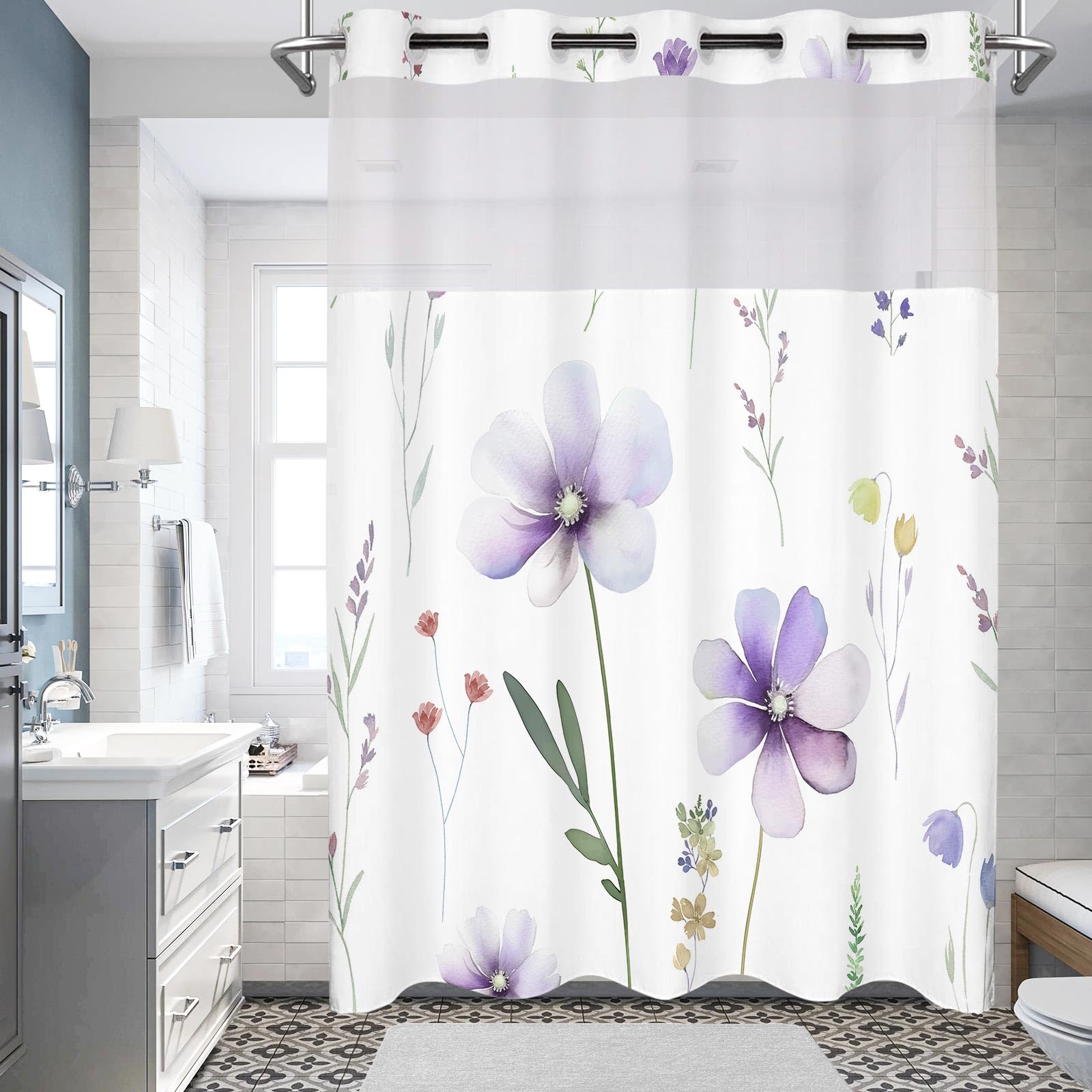 TERSUM No Hook Shower Curtain with Snap in Liner Set, Modern Fabric Purple Floral Shower Curtains for Bathroom Hotel Decor 71 x 74in