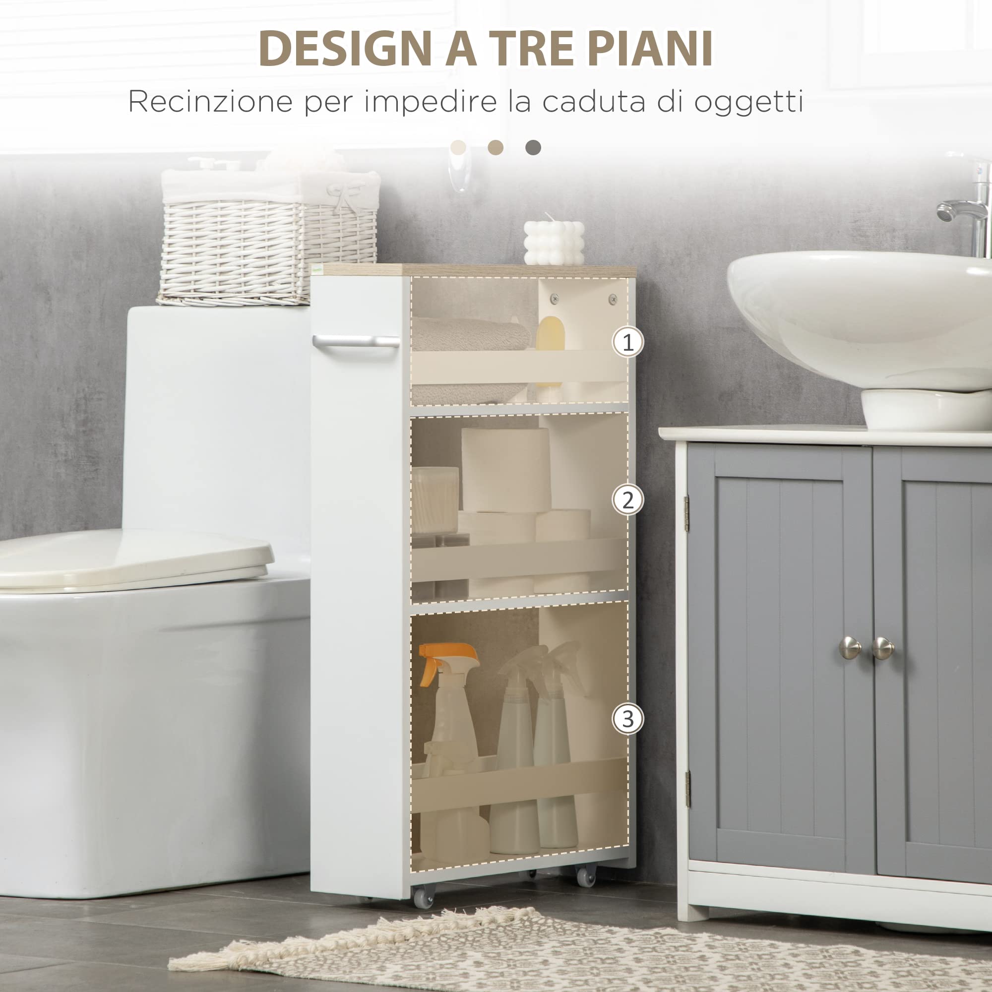 kleankin Carrello da Cucina a 3 Ripiani Salvaspazio, Mobiletto Bagno con Rotelle e Maniglia in Legno per Bagno, 48x15x80cm, Bianco