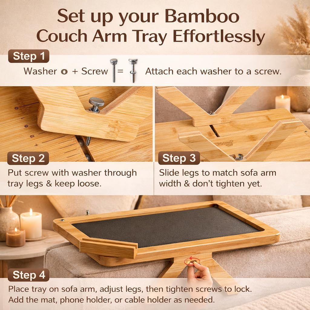 Couch Arm Tray Table with Adjustable Legs – Bamboo Sofa Arm Tray with Removable Phone Holder & Non-Slip Mat – Couch Armrest Table for Drinks, Snacks & Remote – Fits Sofa Arms up to 8.8"