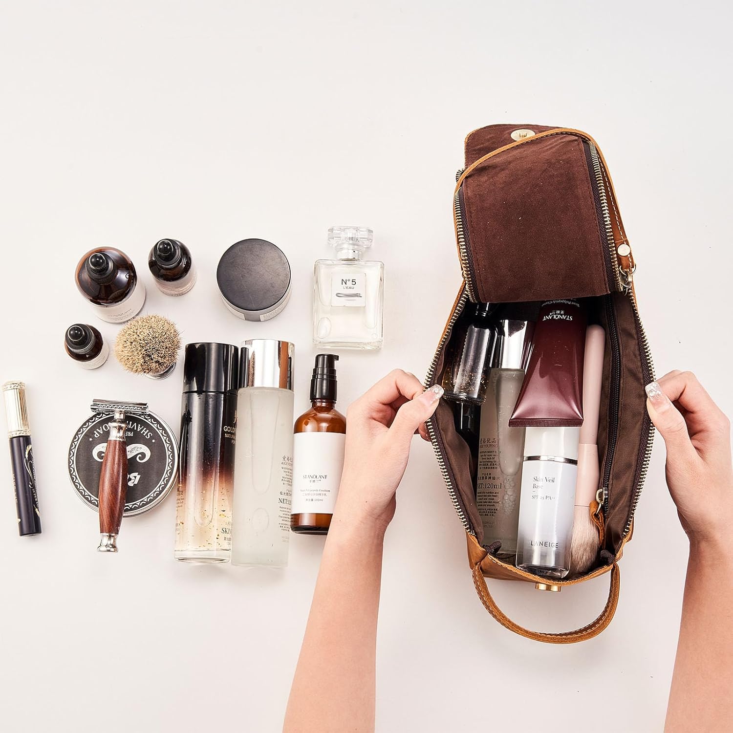 Toiletry Bag for Men Women,Full Grain Leather Handcrafted Vintage Travel Pouch,Leather Toiletry Travel Dopp Kit,Large Shaving Cosmetic Bag，Fully Lined with Cotton Fabric VintageBrown