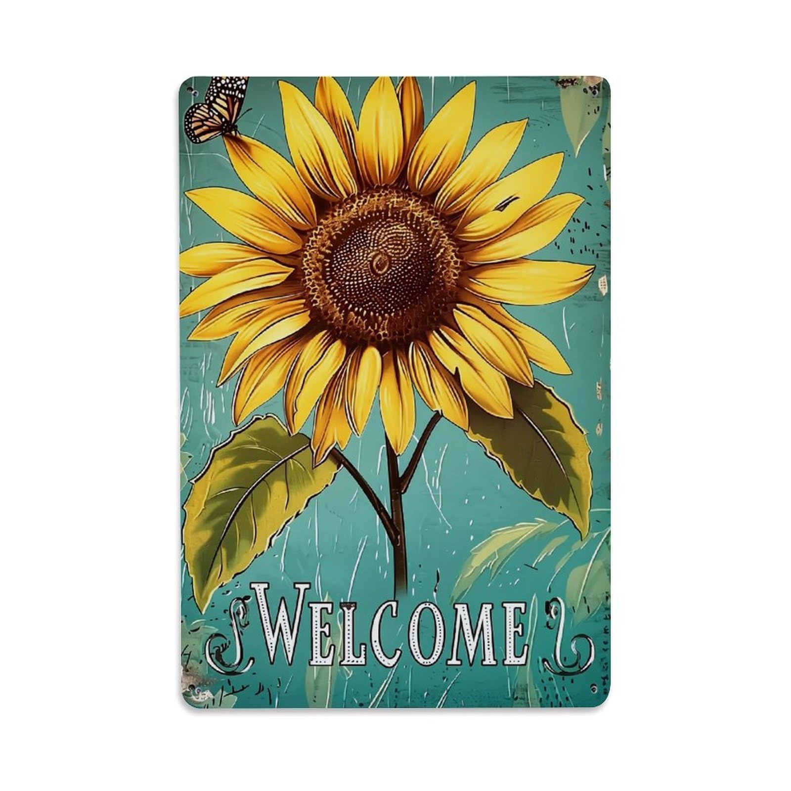 Nestemfo Vintage Sunflower Butterfly Welcome Sign Print Tin Sign Metal Sign, Living Room,Bar, Home, Bedroom Wall Decor,Retro Metal Poster 8X12 Inches