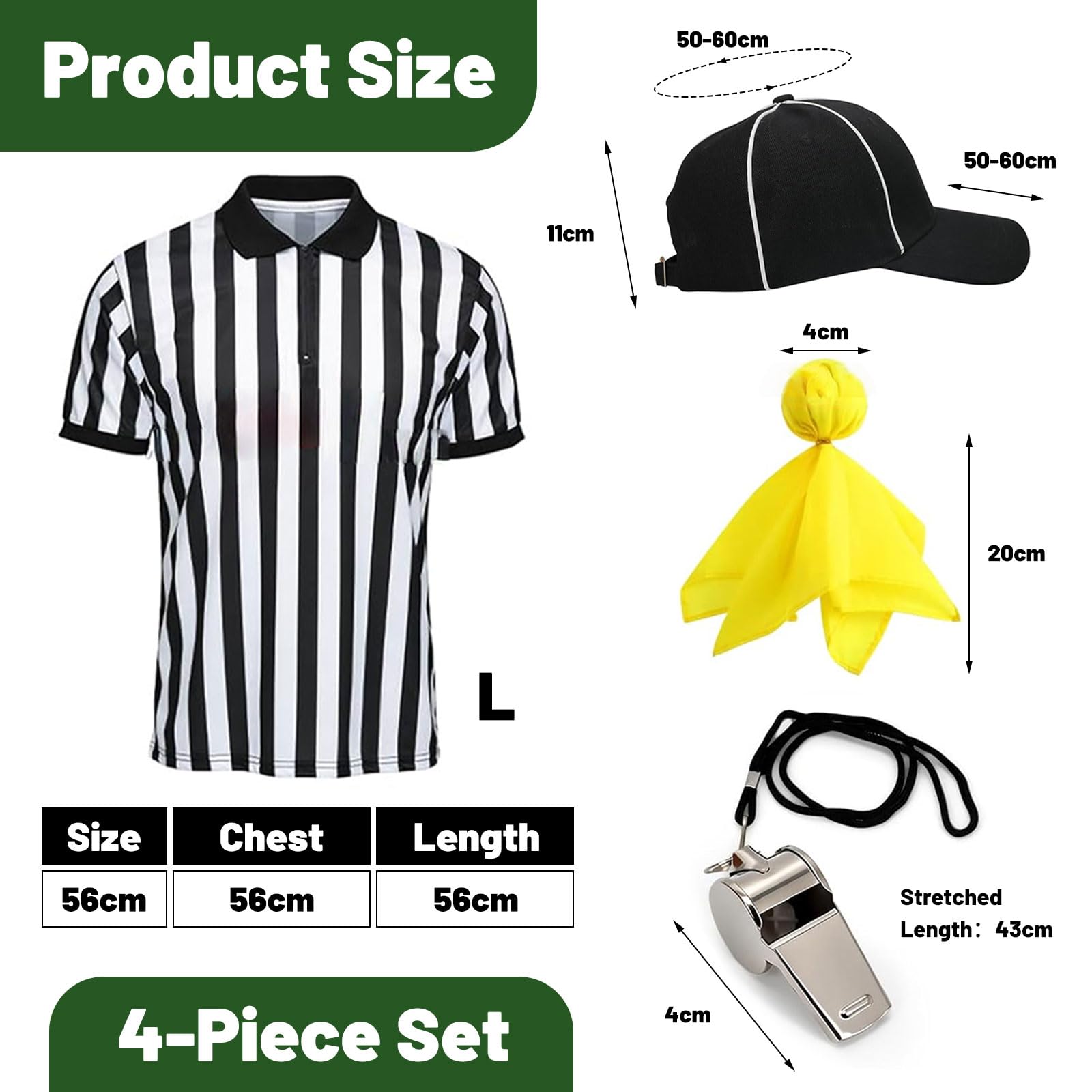 Conjunto de Uniforme de Árbitro 4 Piezas con Cuello Cremallera, Silbato, Sombrero y Bandera para Fútbol