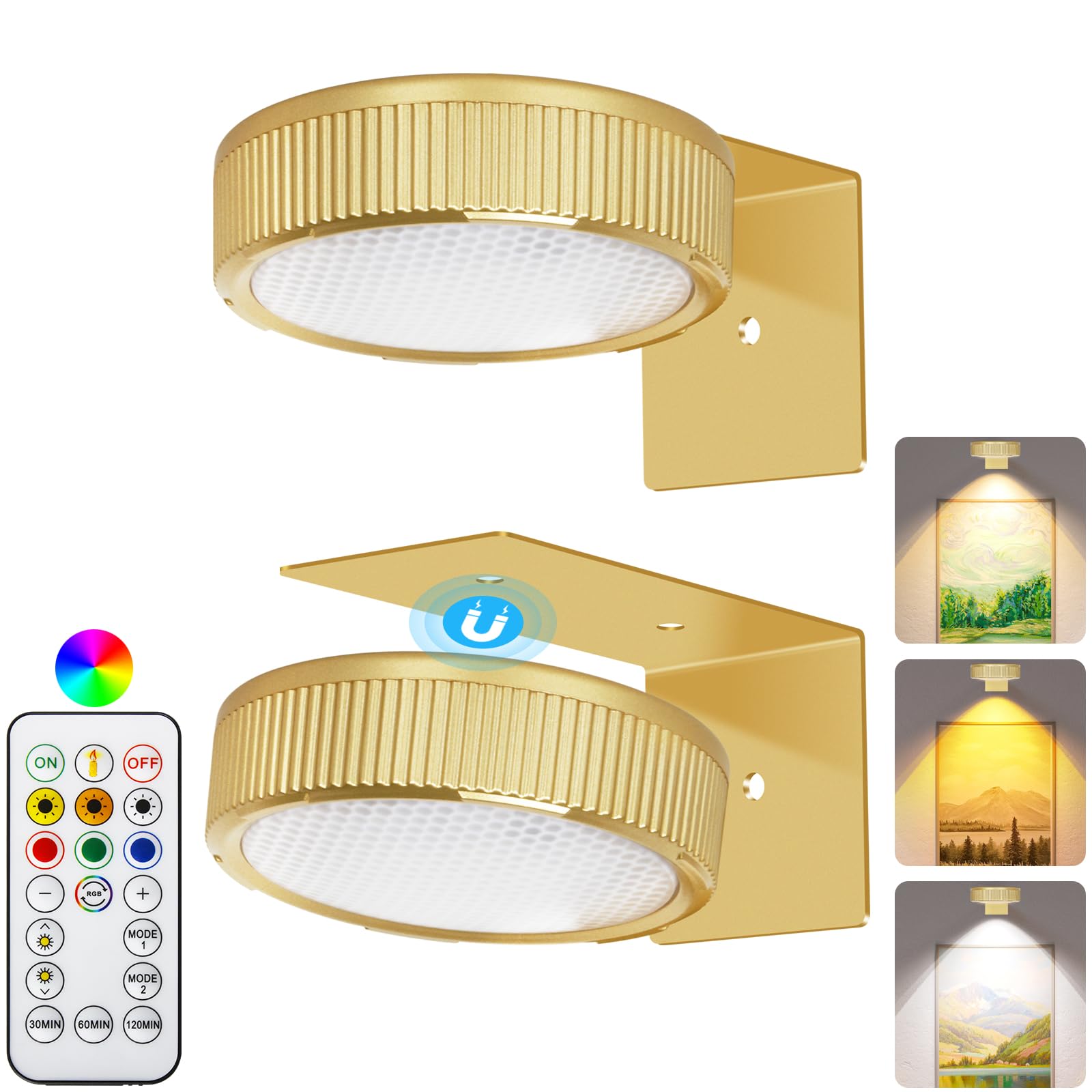 SIXDEFLY RGB Magnetic Suction Spotlight - Battery-Powered, Wireless, Remote Control with Adjustable Timer for Art Displays and Galleries 2 Pack Gold
