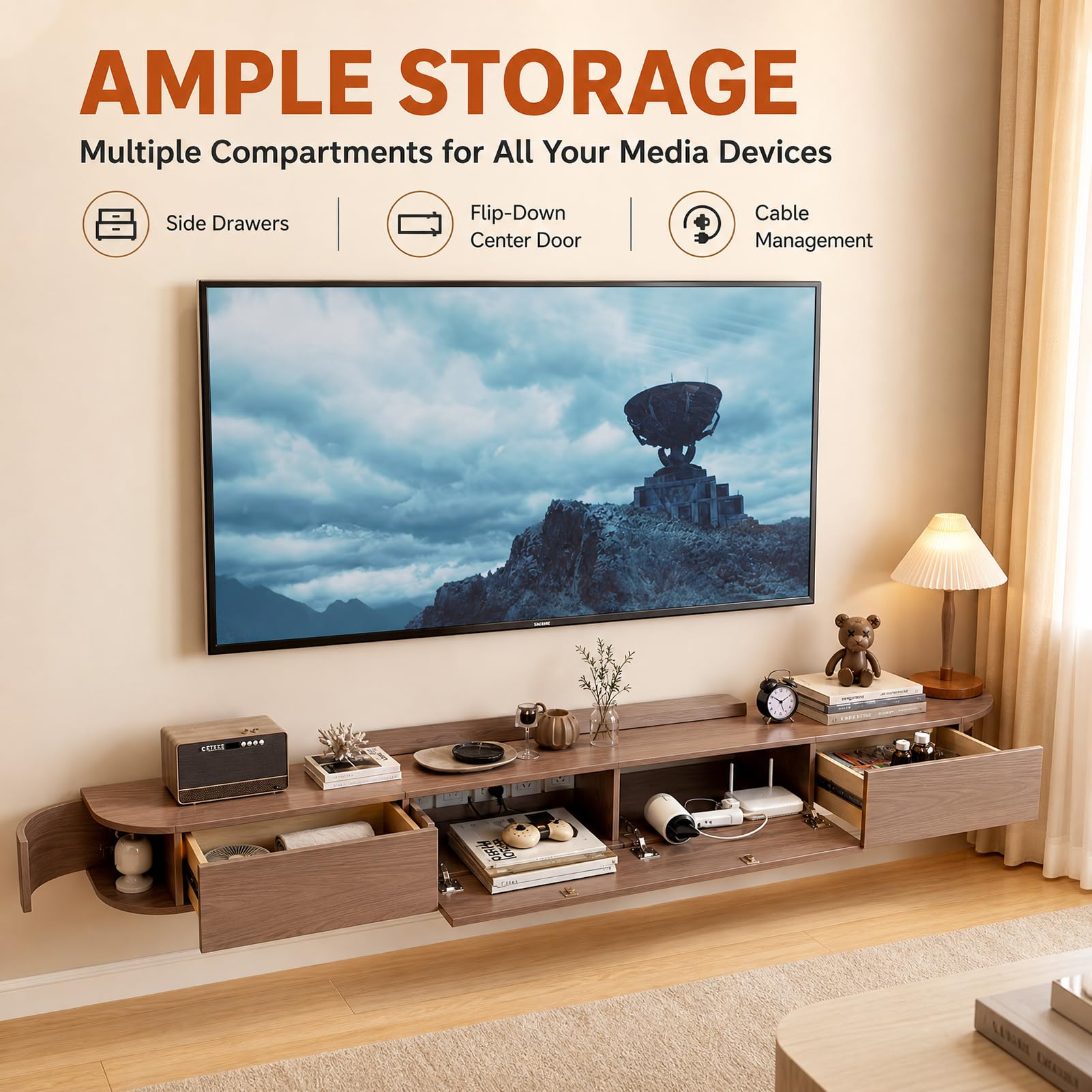 TV Lowboard hängend Braun 240 cm lang, Breite 30 cm – fertig montierter TV Schrank zur Wandmontage mit 2 Schubladen & 2 Türen, 2 seitlich öffnendes Seitenfach, für Wohnzimmer & Schlafzimmer