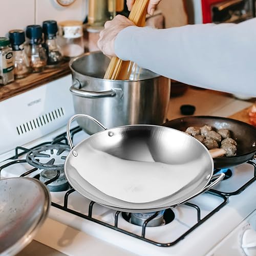 Miniatura 8 de Kichvoe Wok Sartenes de acero inoxidable para freír Pow Stir Fry 2 piezas de fondo plano para uso diario con doble asa olla de cocina para placa de