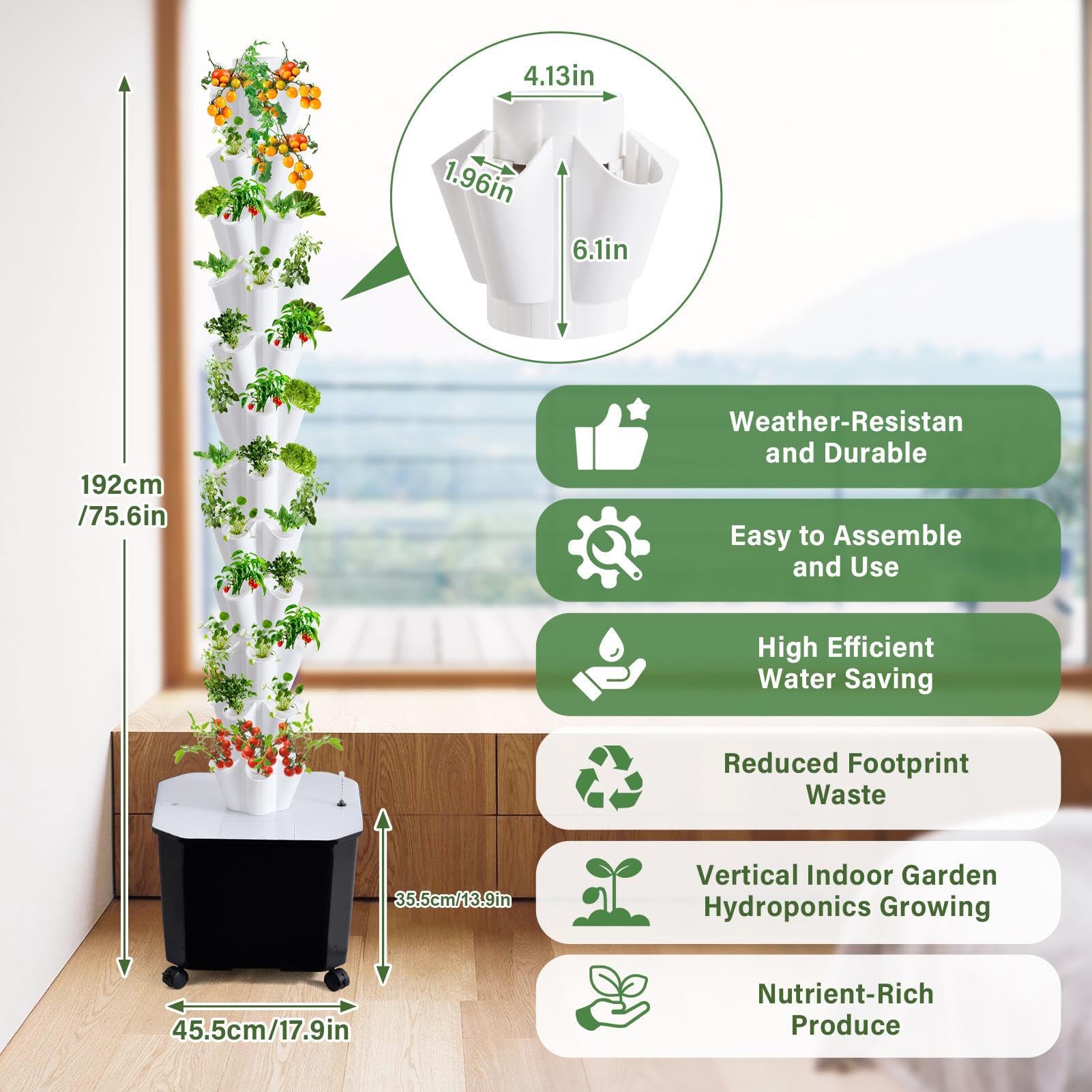 Genérico Kit de Torre hidropónica de 12 Niveles 60 Agujeros. Torre de Cultivo hidropónico Vertical con Bomba de Agua depósito de Agua móvil de 50 l. Sistemas de Cultivo para Hierbas, Frutas Verduras
