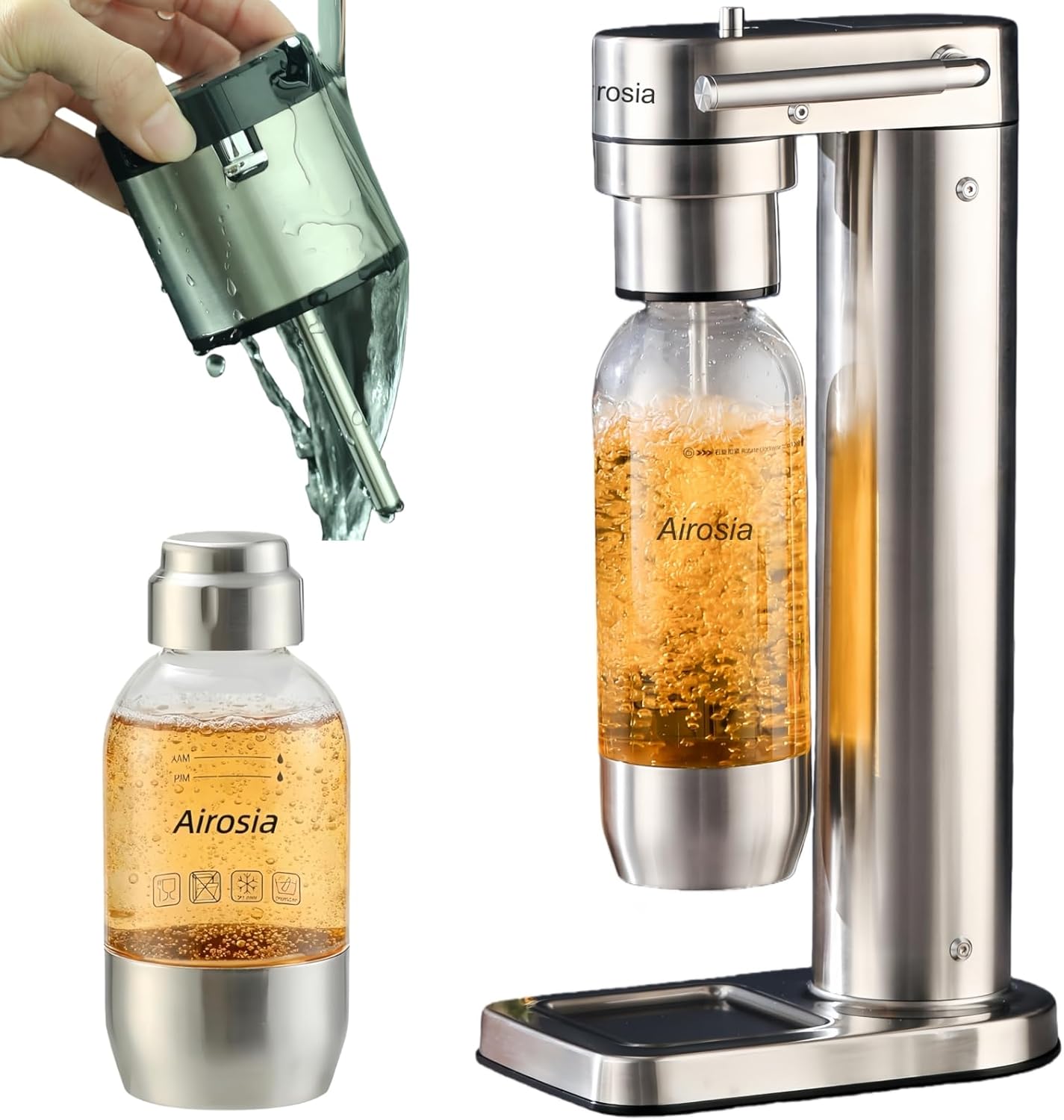 Carbonates Any Drink-Airosia Soda Maker Machine-304 Stainless Steel Sparkling Water Maker, Carbonator Machine with BPA Free Bottles(1L+0.5L) (CO2 Carbonator NOT Included)