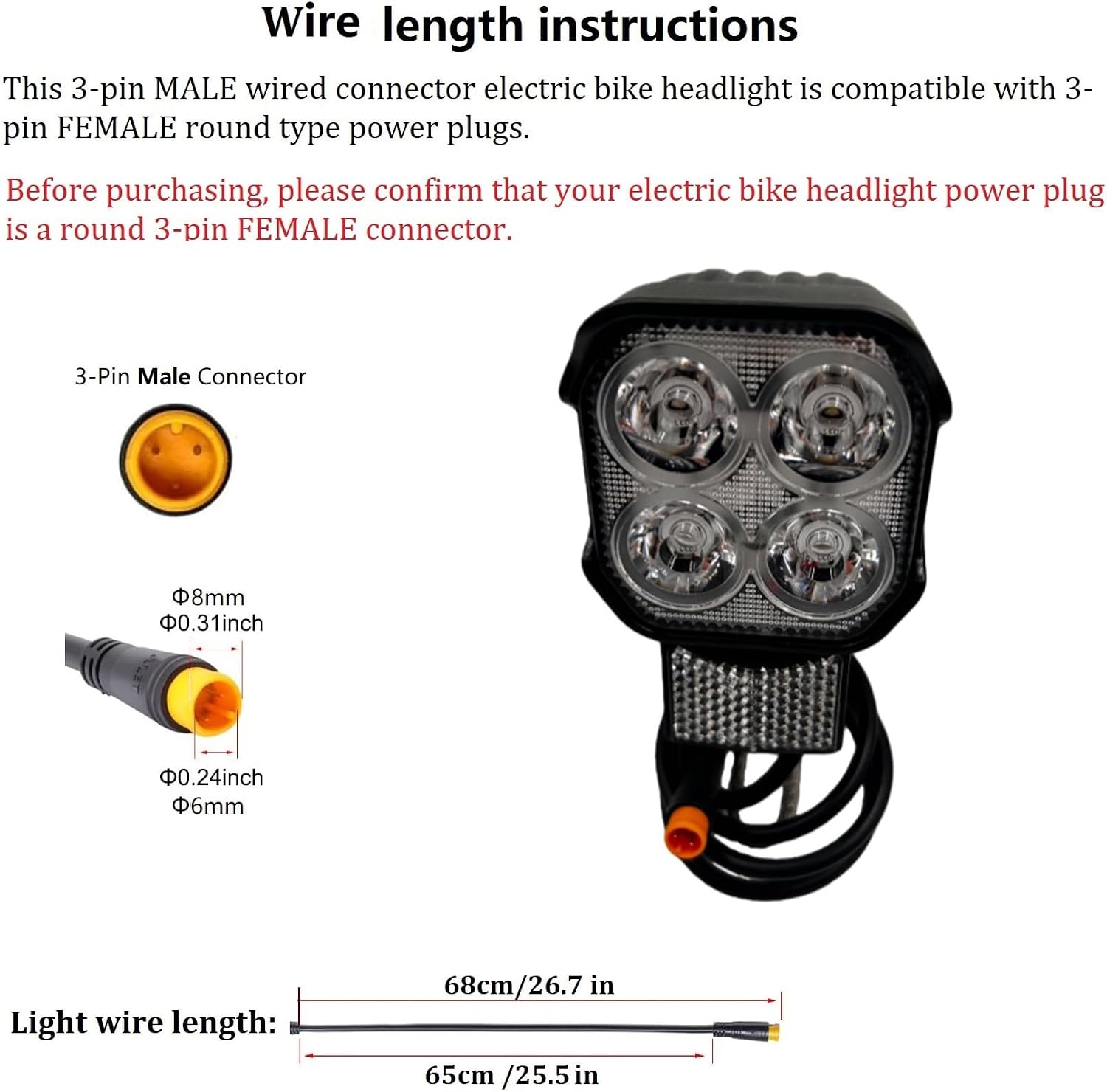 EBike Front Light with Built-in Horn Headlight 3-Pin Male Waterproof Connector Night Riding Bicycle Horn Light Compatible with 36V/48V/12V-60V Electric Bikes and E-Scooters
