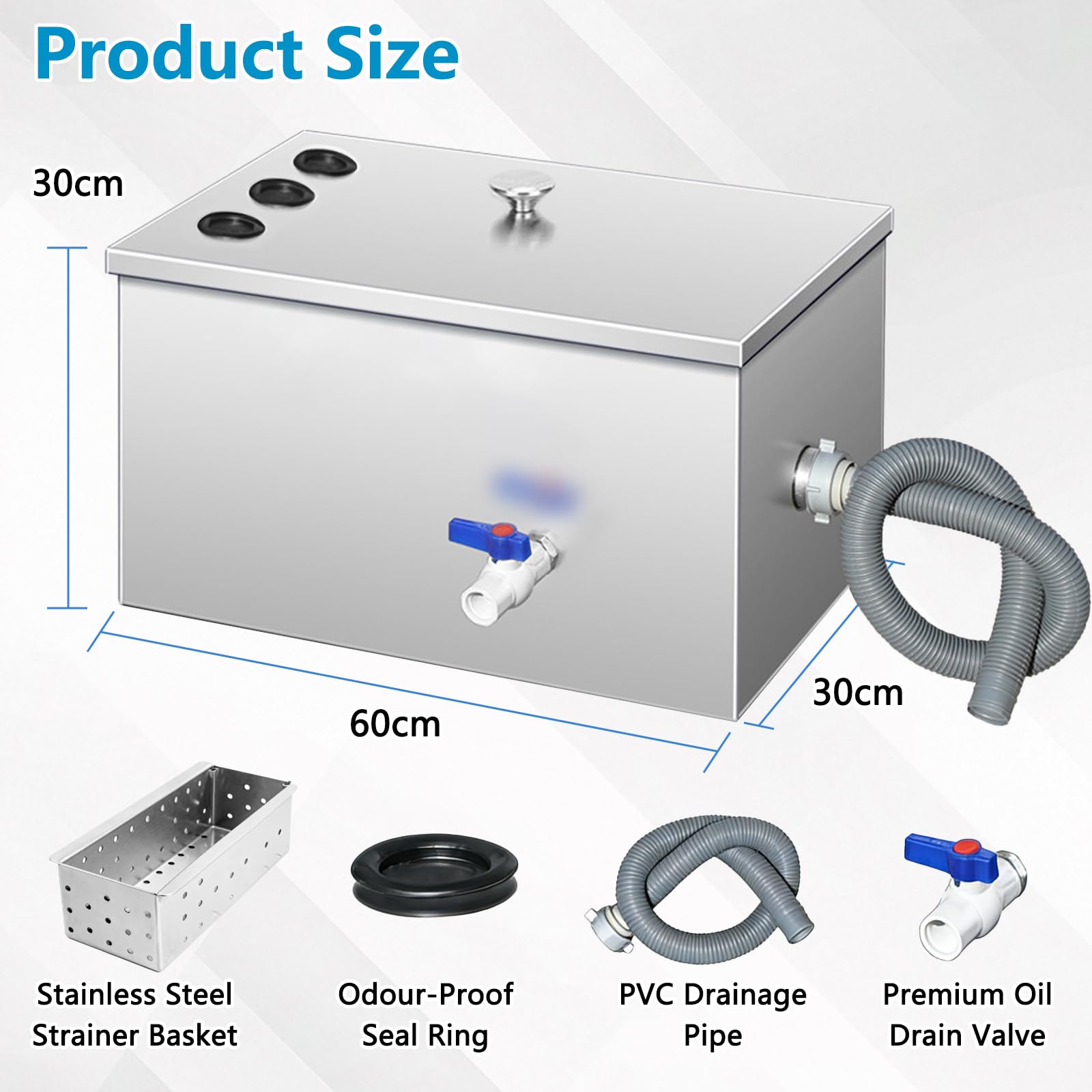 Separador de grasa comercial, separador de grasa de acero inoxidable de 54L con 3 entradas superiores, separador de aceite y agua, filtración de 5 etapas para cocinas de restaurantes, 60 x 30 x