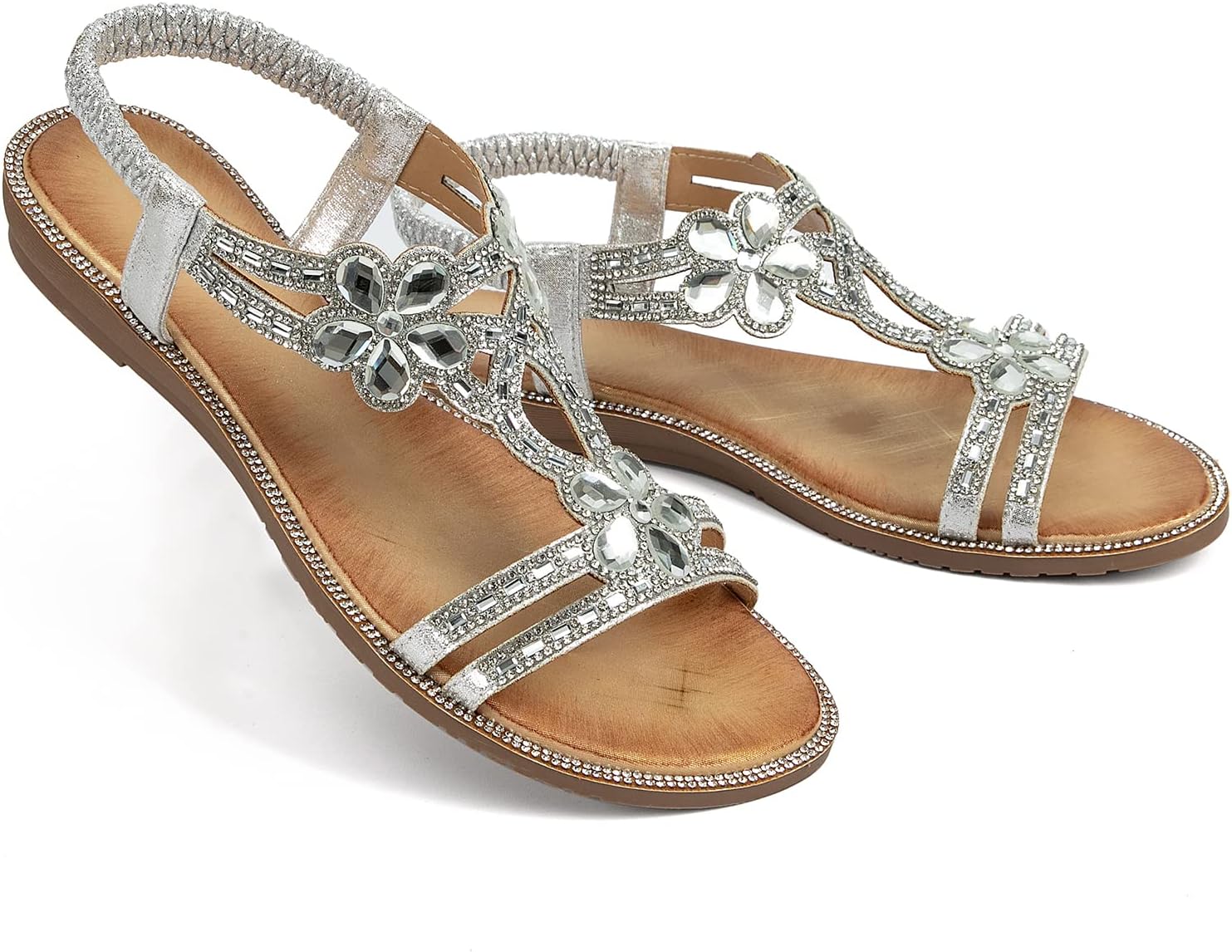 Womens Sandals Shoes Comfort Non Slip Walking Casual Summer Beach Shoes Dress Ankle Elastic Flower Jeweled Bohemian Flats