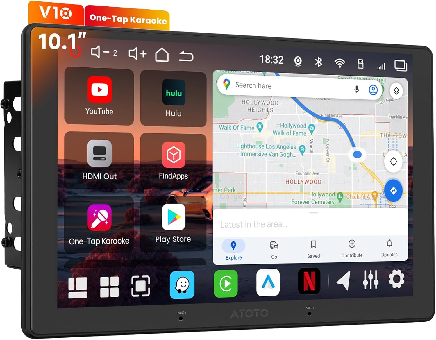 V10 10inch QLED Android Double Din Car Stereo, 8-Core 6G+128G, 4G LTE/Wi-Fi, in‑Car Karaoke, 7.1.2 Ch Pro DSP Audio, 4CH Simultaneous Recording, aptX HD BT, Multi‑Agent AI, GPS Tracking