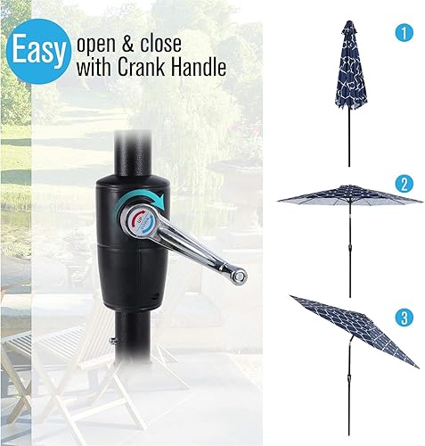 Miniatura 4 de PHI VILLA Paraguas de patio de fibra de vidrio de 9 pies, paraguas de mercado de inclinación automática con 8 varillas resistentes, impresión azul