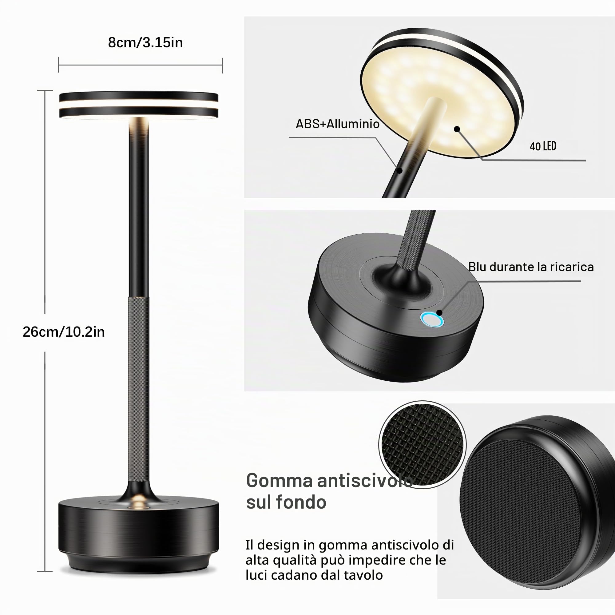 Lampada da Tavolo Ricaricabile LED 5000mAh Senza Fili,Ristorante | Eye-Protect Luce a USB Batteria Dimmerabile,Impermeabile,3 Modalità di Colore,per Camera da letto/Sala da pranzo(Nero)