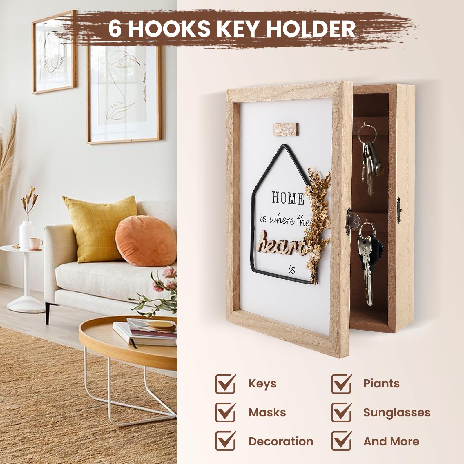 Schlüsselkasten Holz Schlüsselbox Holz & Weiß | Mit 6 Haken | Wandmontage | Schlüsselorganizer Für Flur, Büro, Eingang | ZoZoMaiy Weiß Holz Design