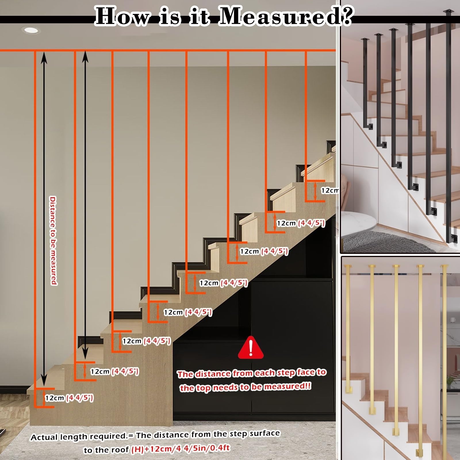 Konfigurowalne złote balustrady schodowe zamiennik do użytku mieszkalnego i komercyjnego 16-100 cali wysokie drążki balustradowe do biura loftu foyer hotelu - styl B 30 cm/11,8 cala