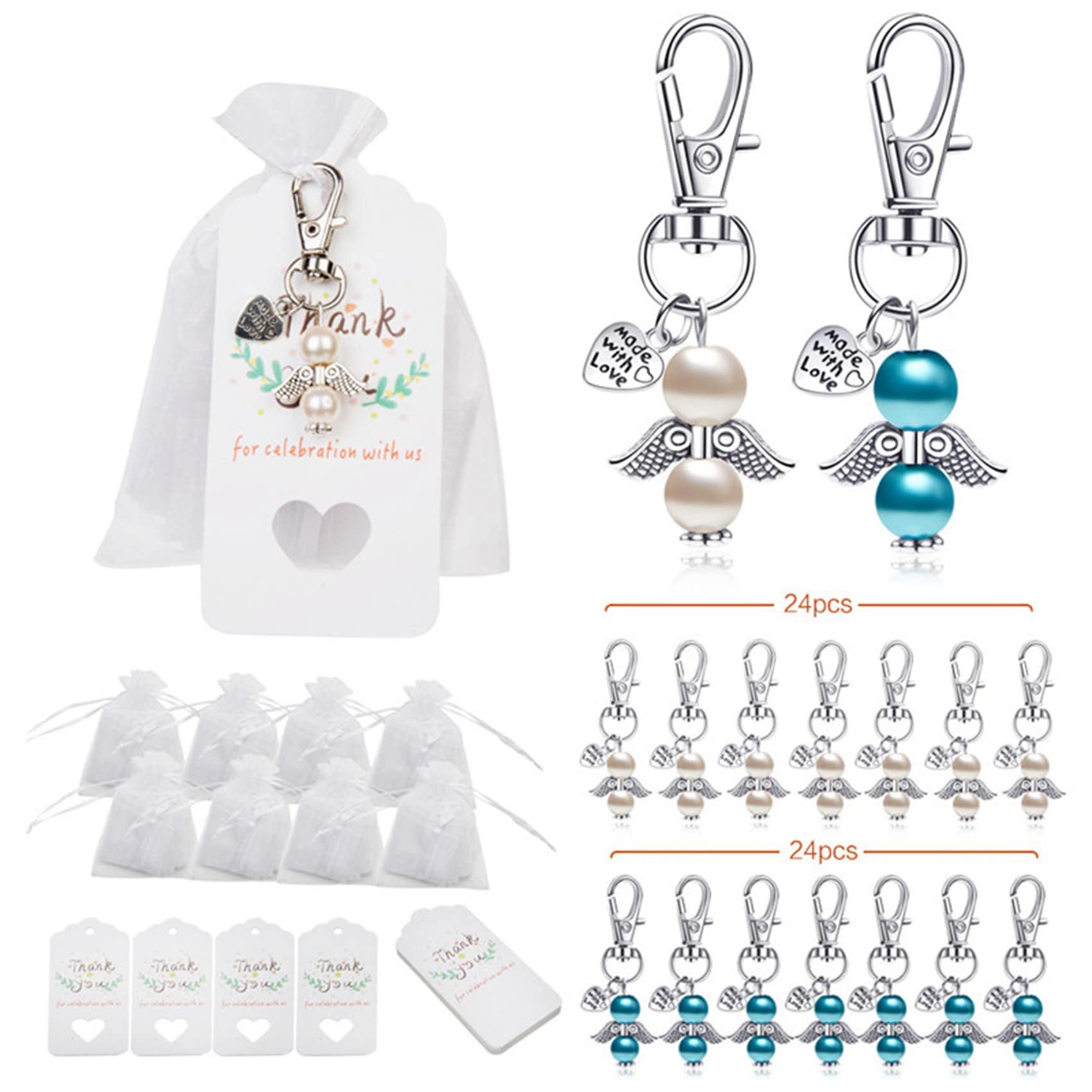 96 Tauf-Sets, Souvenir, Gastgeschenke, Schutzengel, Hochzeits- + Organza-Beutel + Taufgeschenk-Anhänger