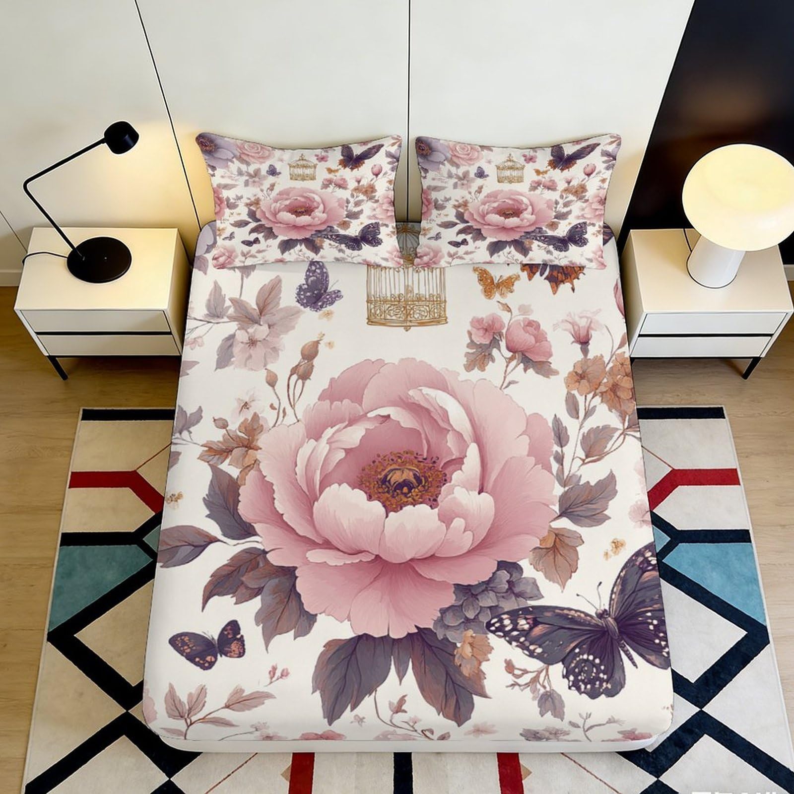 3D Printed Peony Butterfly Fitted Sheet Microfiber Soft Anti-Slip Floral Bed Cover Bedroom Decor Machine Washable 140x200x25cm