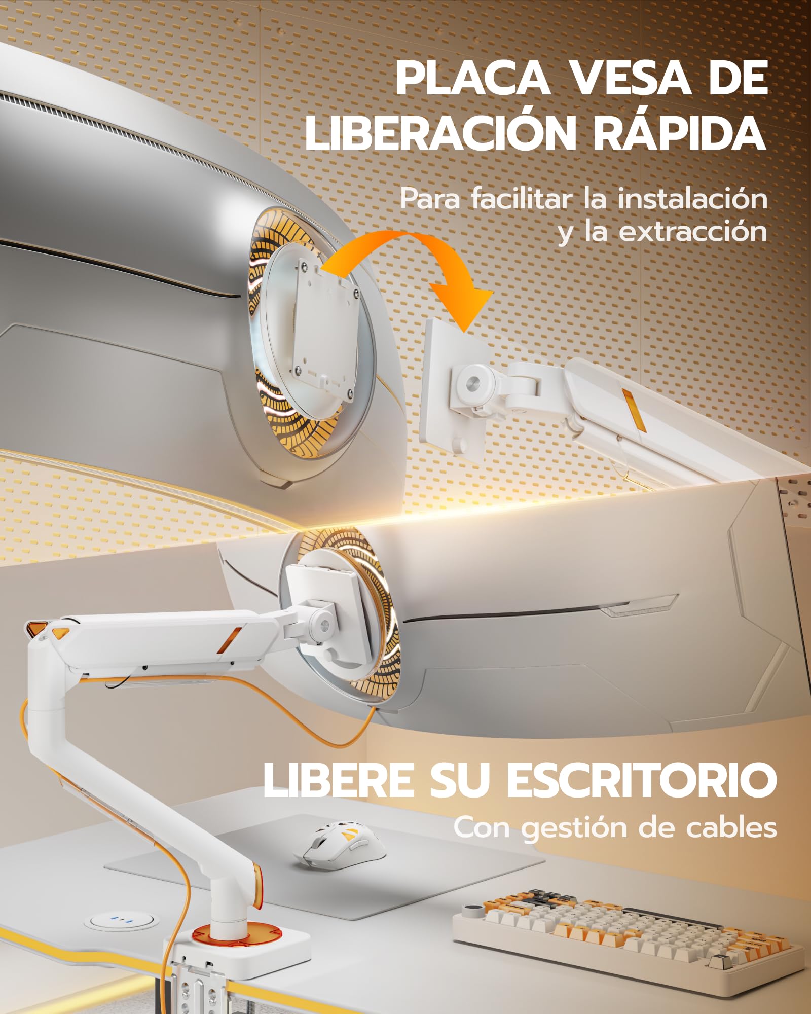 ARES WING Soporte de Monitor 17"-49" para Pantallas Planas y Curvas, Blanco | Brazo para monitor con resorte de gas, capacidad de carga de 20 kg/ brazo, compatible con VESA 75/100 mm