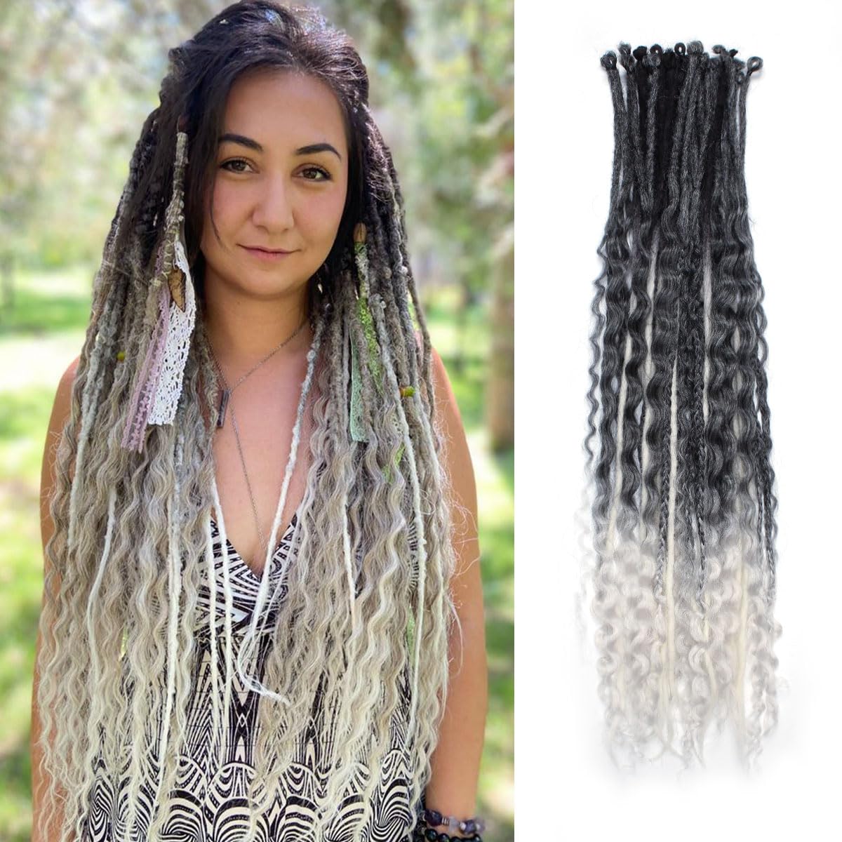 Pouweney 24 Inch 3 In 1 Dreadlock Extensions Sets, 30 Strands Mixed Gray to White Synthetic SE Dreads Extensions, 100% Handmade Soft Single Ended