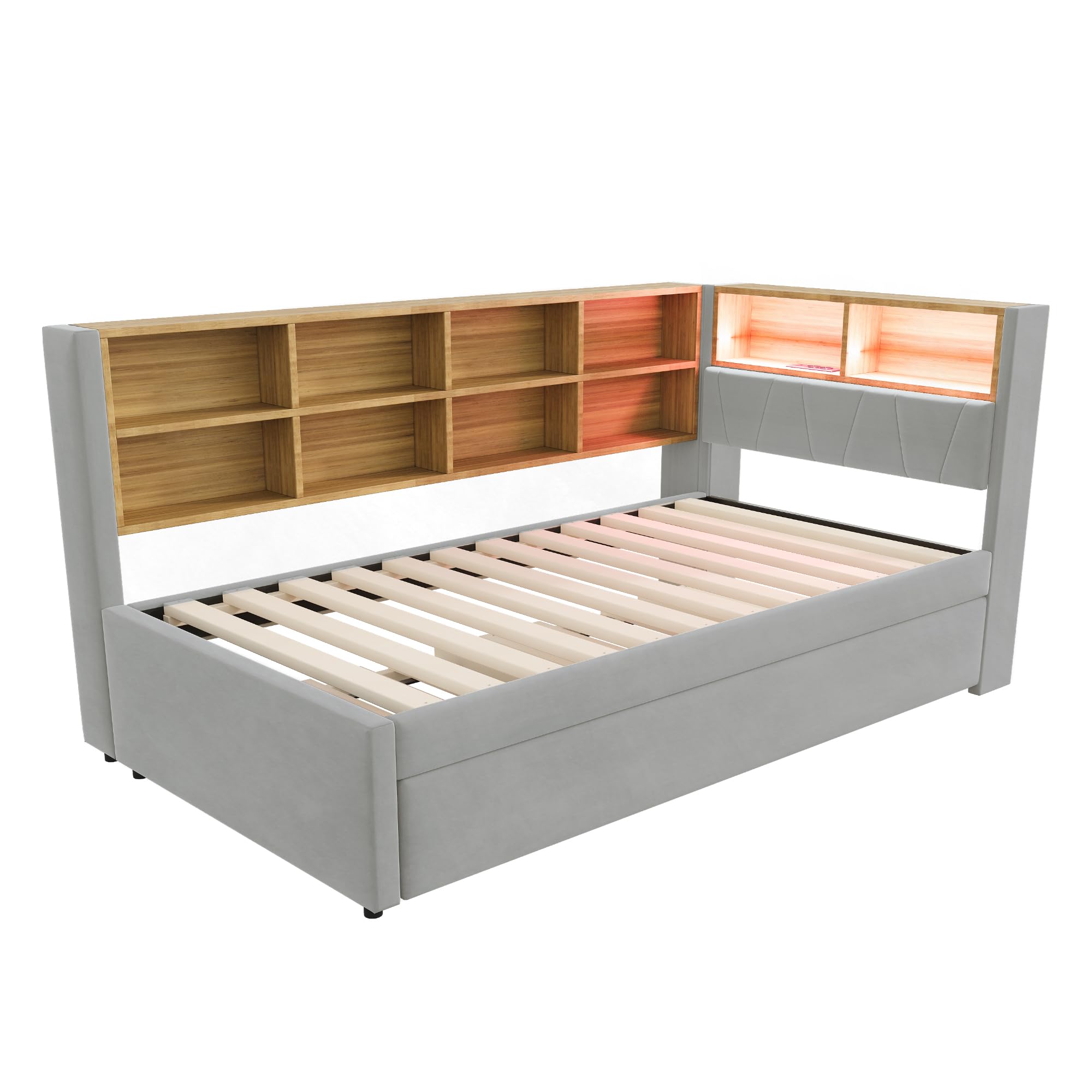 Tagesbett Schlafsofa 90x200 cm, Polsterbett Multifunktionsbett mit Ausziehbarem Bett 90x190 cm&USB-Steckdose&LED Leuchten& Mehreren Ablagefächern, Einzelbett mit Lattenrost, Ohne Matratze, Hellgrau