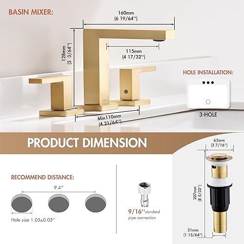 Miniatura 7 de Grifos de baño de oro cepillado, grifos de baño para fregadero de 3 agujeros, dos asas generalizadas de 4 pulgadas y 8 pulgadas de latón con drenaje