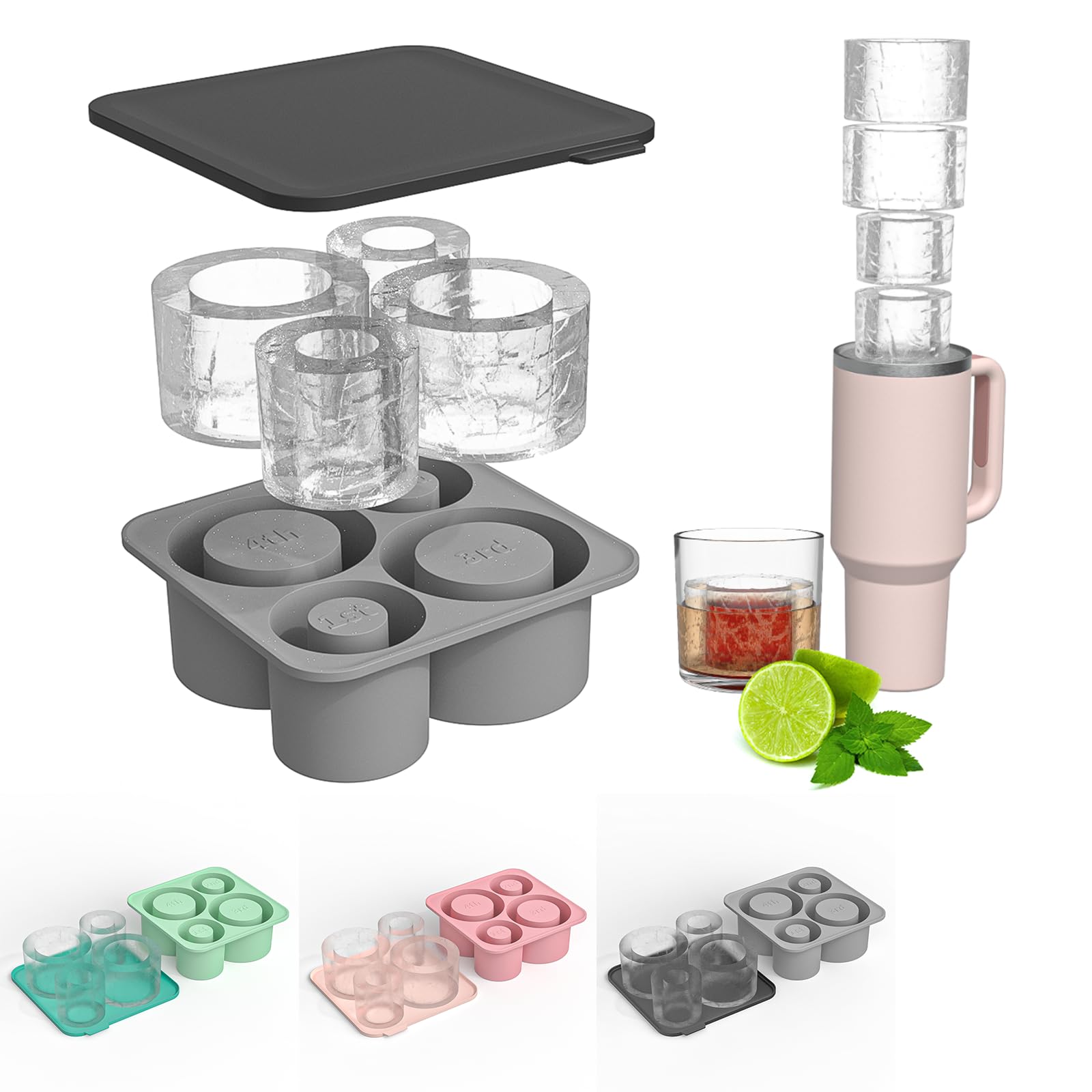 Ice Cube Tray for Tumbler - 4-IN-1 Silicone Hollow Cylinder Ice Molds with Removable Lid for Fridge, Cold Drinks, Juice, Whiskey, Cocktails - 20oz, 30oz, 40oz (Grey, 4-In-1 Ice Molds)