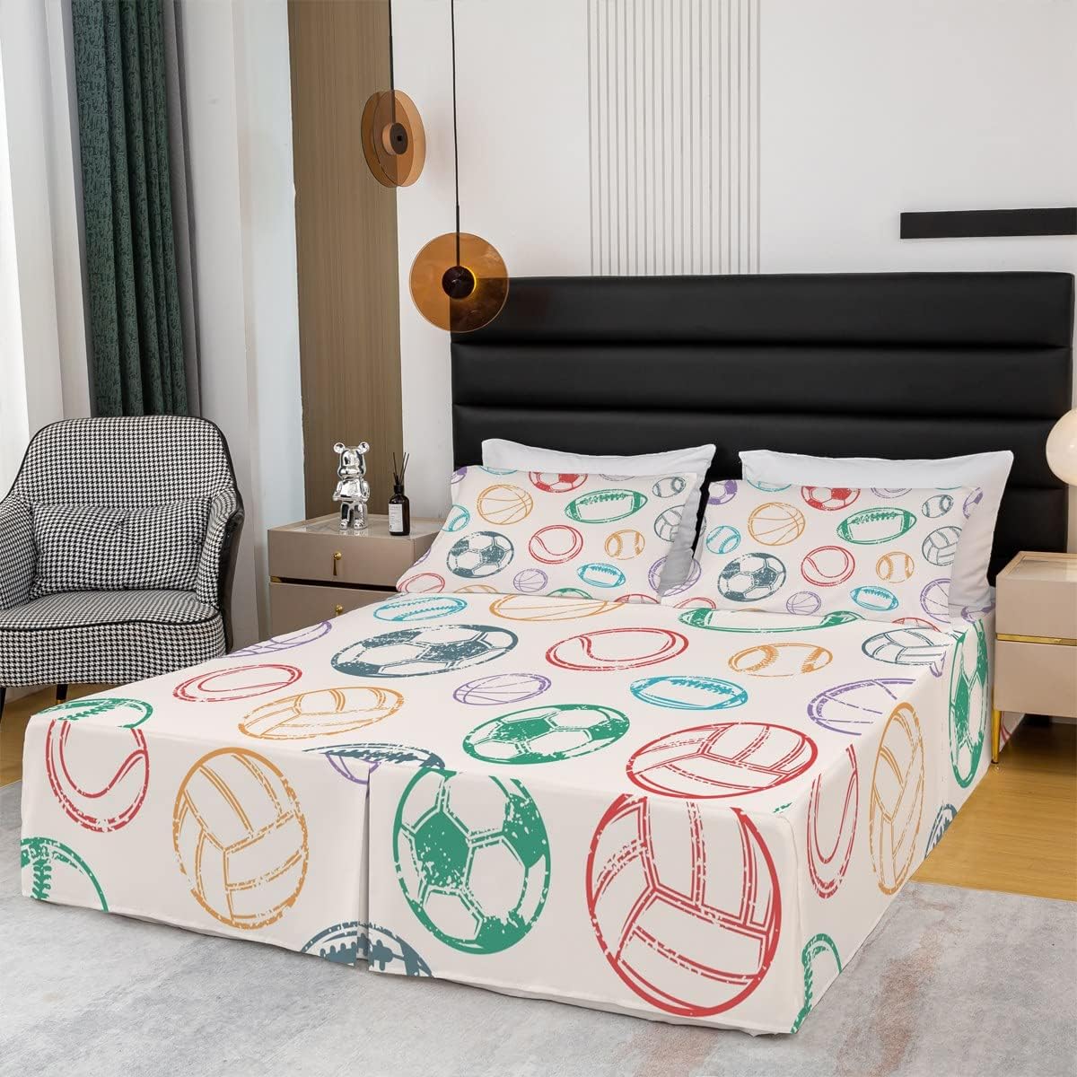 Twin Size Baseball Bed Skirt,Sports Game 15 Inch Drop Brushed Microfiber Bed Skirts for Kids Boys Girls Room,Ball Games Dust Ruffle Pleated Bedskirt