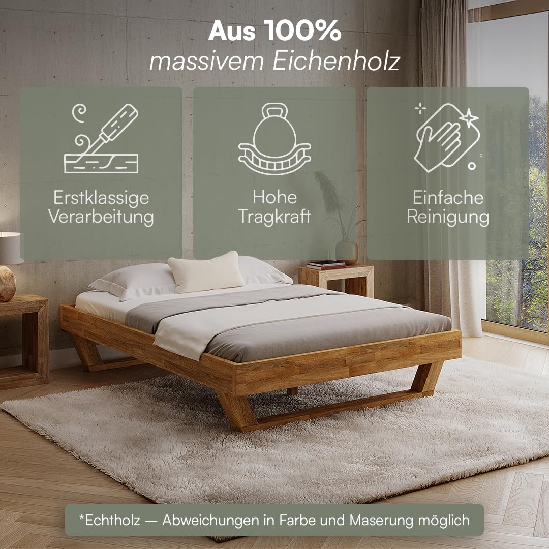 skølm Nornir Massivholzbett 140x200 cm – Bettrahmen aus Massivholz Eiche geölt – hochwertiges Holzbett mit Kufen Bettbeinen – Bettgestell ohne Bettkopf – geeignet als Doppelbett