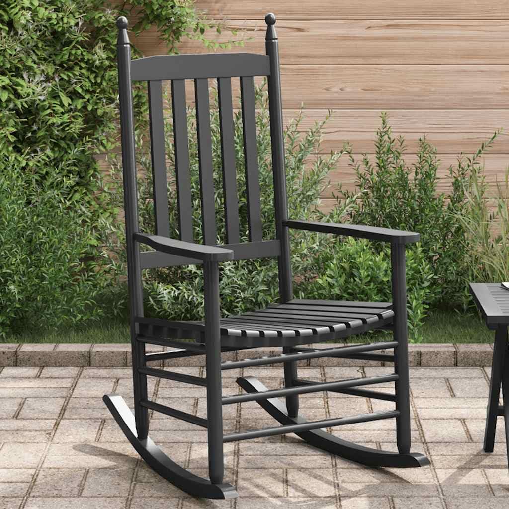Chaise à Bascule en Bois de Peuplier Massif Noir, Fauteuil Rocking Chair Ergonomique avec Siège Incurvé et Dossier à Lattes pour Salon, Jardin ou Terrasse, Dimensions 62 x 83 x 115 cm