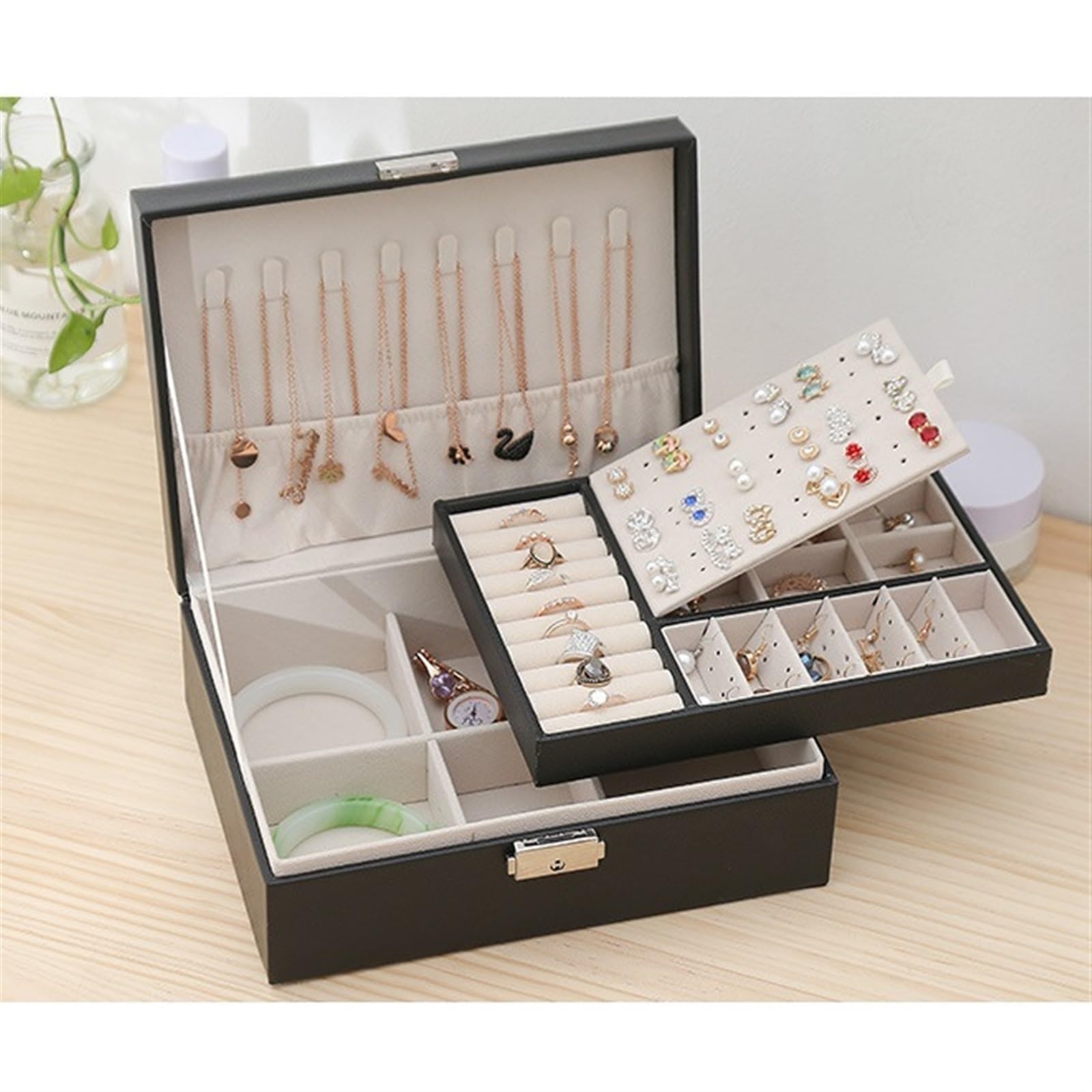 WZGWDC Schmuck-Organizer-Box, Leder-Schmuckkästchen für Mädchen, Schmuckschatulle
